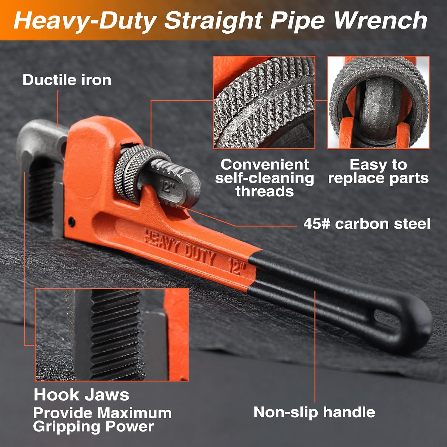 Heavy Duty Adjustable Straight Pipe Wrenches 12-Inch Adjustable Plumbing Wrench Plumbers Wrench Tools with Soft Grip and Adjustable Jaws for Various Pipe Maintenance, 1-3/4 inch Jaw Capacity