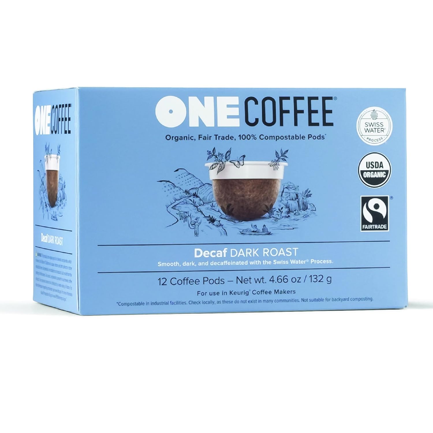 OneCoffee Organic Decaf Swiss Water 72 Count Single Serve Coffee 100% Compostable Pods Made for K-Cup Keurig Brewers