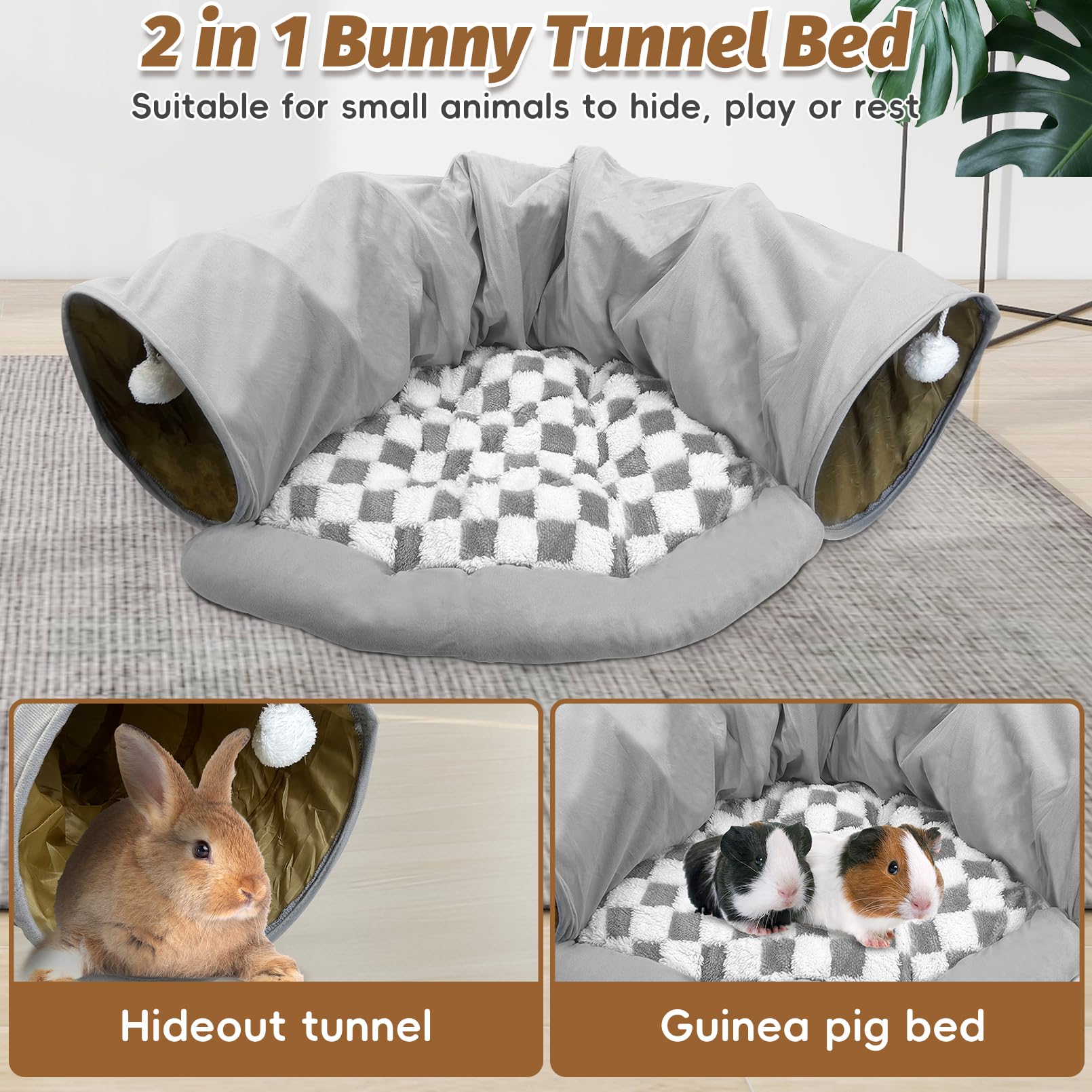 PINVNBY Kaninchen Tunnel Bett Bunny Tunnel Tube mit abnehmbarer Matte (Grau)
