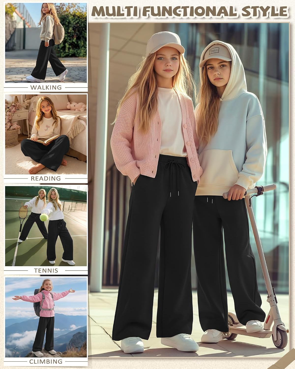 Oakgarden Girls Sweatpants Wide Leg Drawstring Baggy Kids Pants Open Bottom Casual Loose Teen Joggers with Pockets 5-16Y