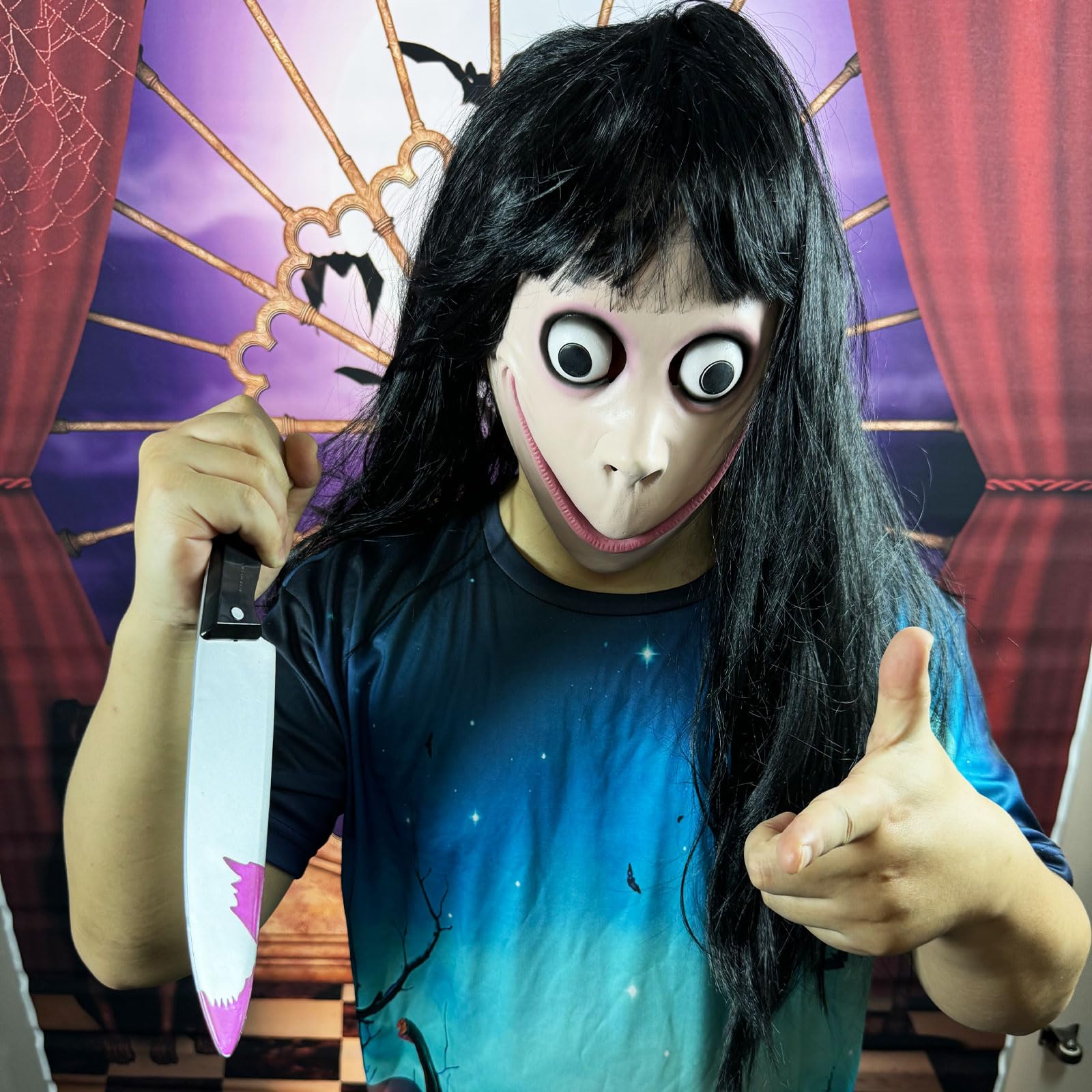BEJOYFMY MOMO Mask, Scary Latex Momo Head Mask with Long Wig, Horror Devil Cosplay Face Masks with Long Hair Creepy Smile for Adults - Image 3