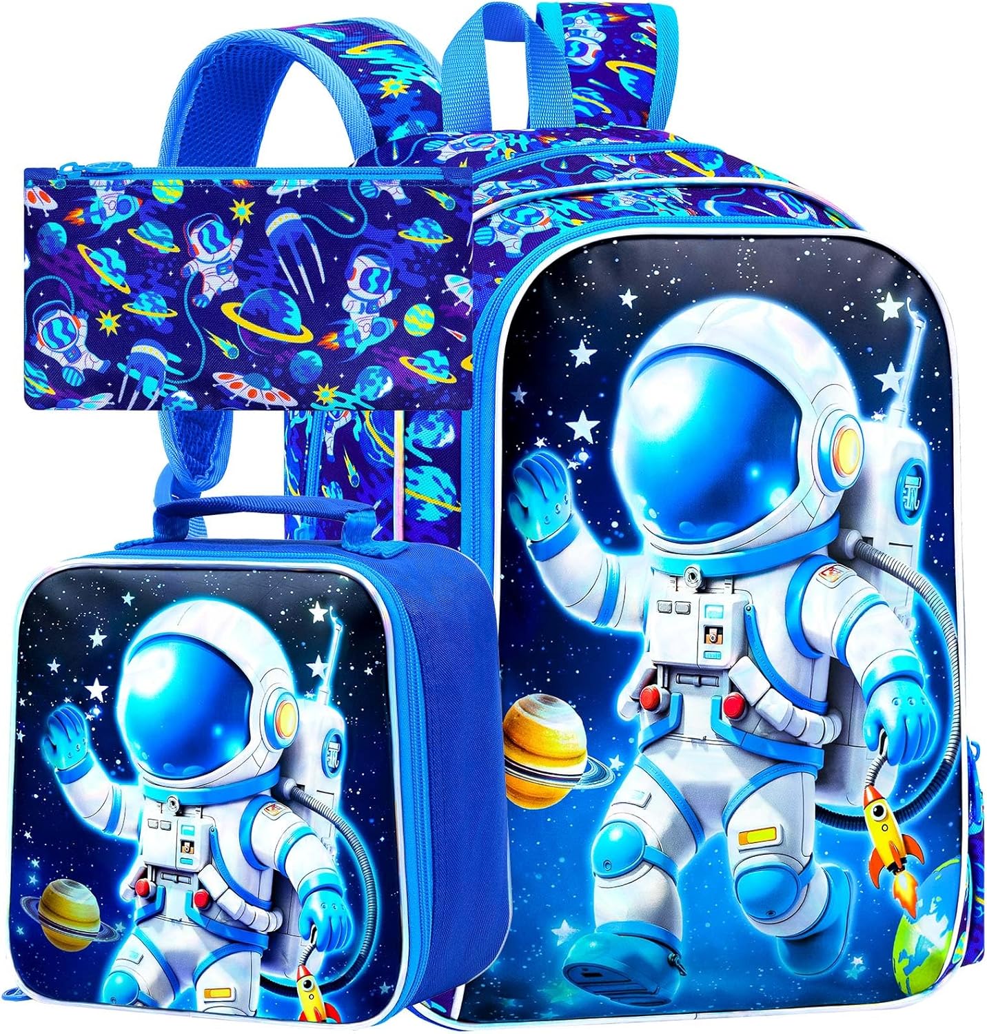 WZLVO 3PCS Kids Astronaut Backpack for Boys, 16" Cool UV Printing Bookbag/School Bag with Lunch Box & Pencil Bag for Preschool to Elementary - Astronaut Waving