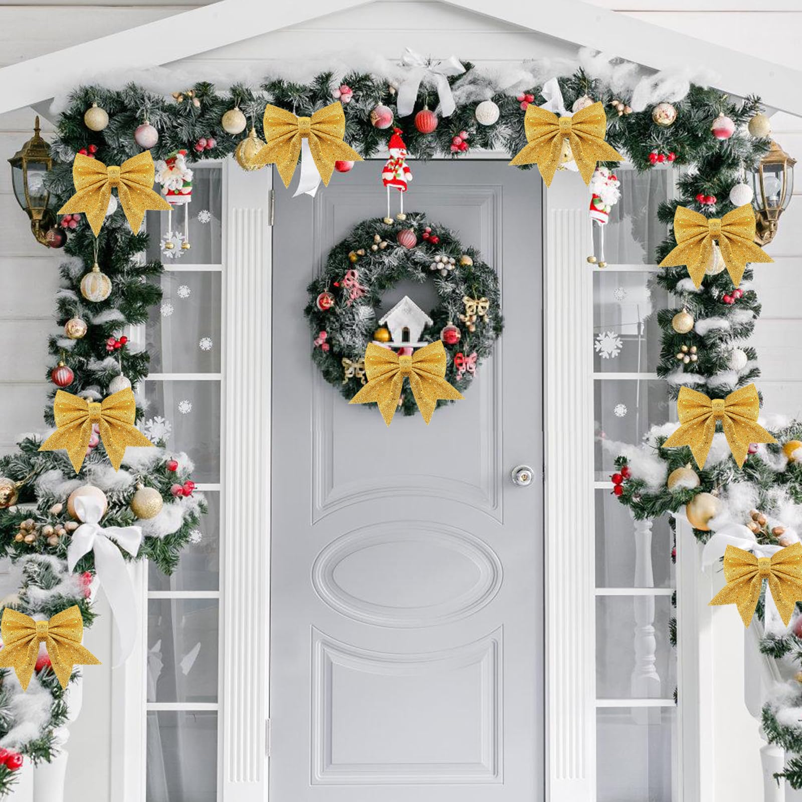Fiocco Albero Natale, 10 PCS Fiocco di Decorazione Natale, Fiocchi Natalizi Glitterati, Nastro per Fiocchi Albero di Natales, Decorazioni Alberos di Natales per Porte, Finestre, Giardini (Oro