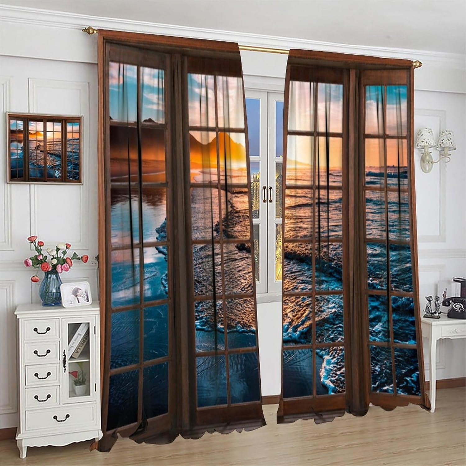 Seaside Scenery Curtains, Nature 3D Scenery Ocean Beach Sunset Sunrise Ocean Waves Prints Blackout Window Treatments Drapes for Bedroom Living Room 2-Panel Set & Rod Pocket72x63in