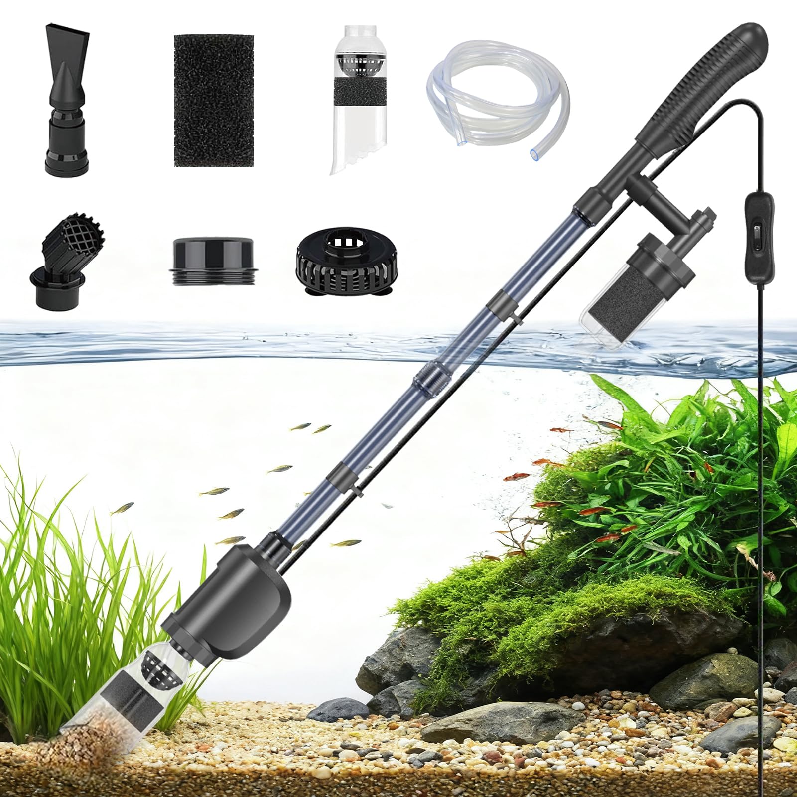 SYSENCIAGA Electric Aquarium Vacuum Gravel Cleaner, 36W Electric Fish Tank Cleaning Tools with Strong Suction for Automatic Water Change Algae Filter Water Circulation Wash Sand 580GPH (Black)