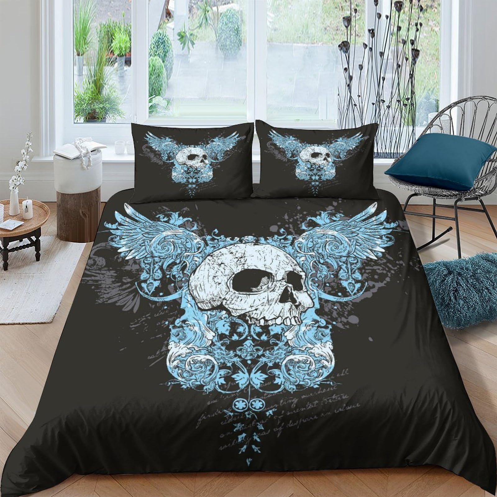 Ctjqhvkz Style-7 3D Printed Skull Wings Fitted Sheet Microfiber Black Gothic Bed Cover For Bedroom Guest Room Mattress Decor Single（135X200cm）