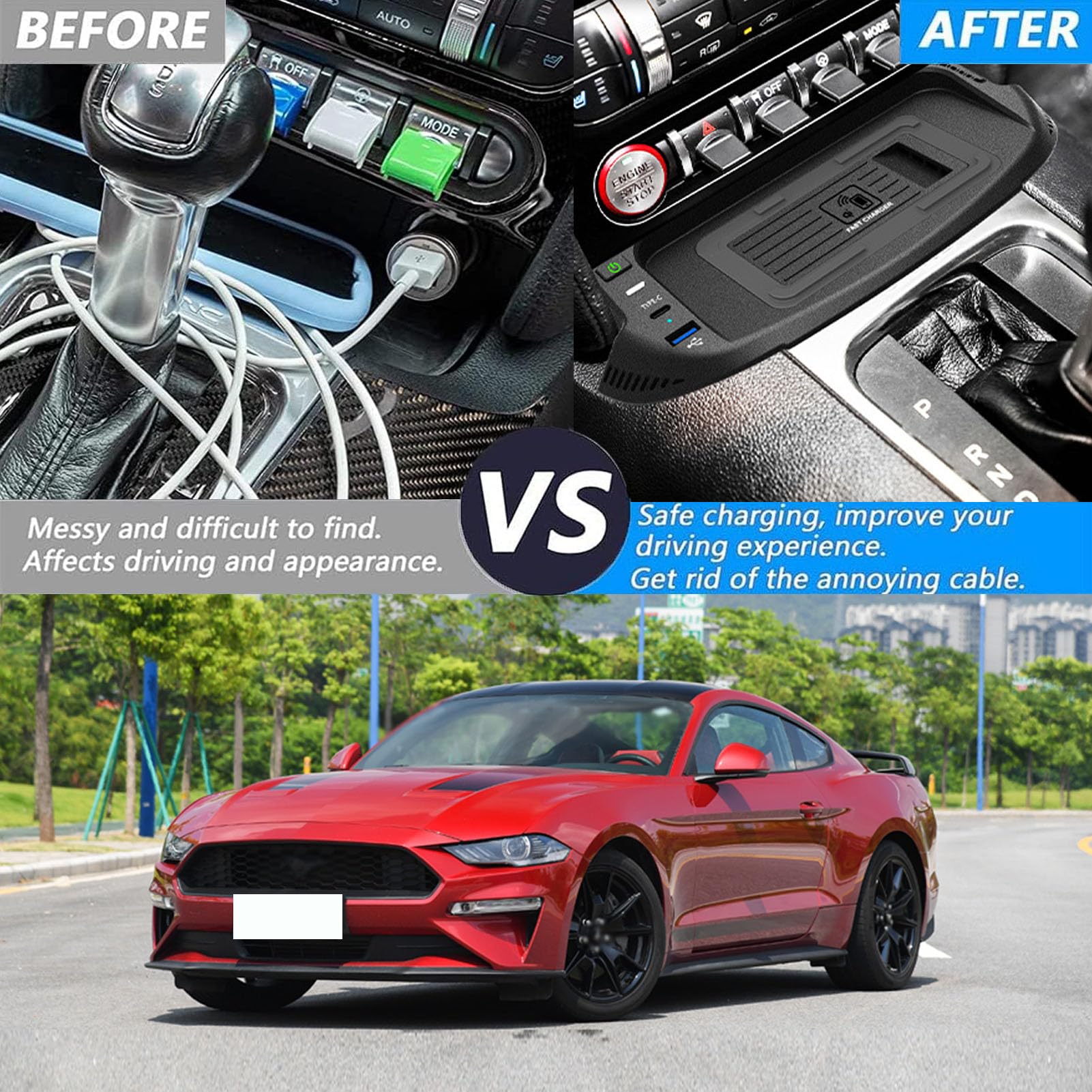 Caricabatterie Wireless per Auto per Tutti i Modelli Mustang Accessorio con 15 W Wireless e USB Qc3.0 + Type-C Ricarica Rapida Regalo per la Famiglia