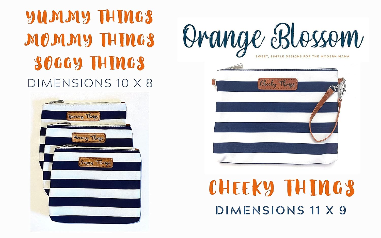Stylish Diaper Bag Organizing Pouches - XL Set of 4 Navy and White Striped Canvas Diaper Bag Pouches with Leather Embossed Labels, Leather Wristlet Strap & Durable Metal Zippers