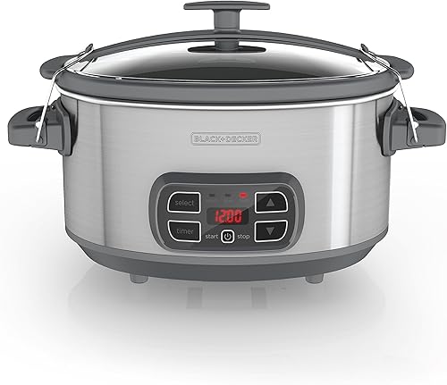 BLACK+DECKER SCD1007 - Cocina lenta programable de 7 cuartos con temporizador digital, portátil con tapa de bloqueo, acero inoxidable