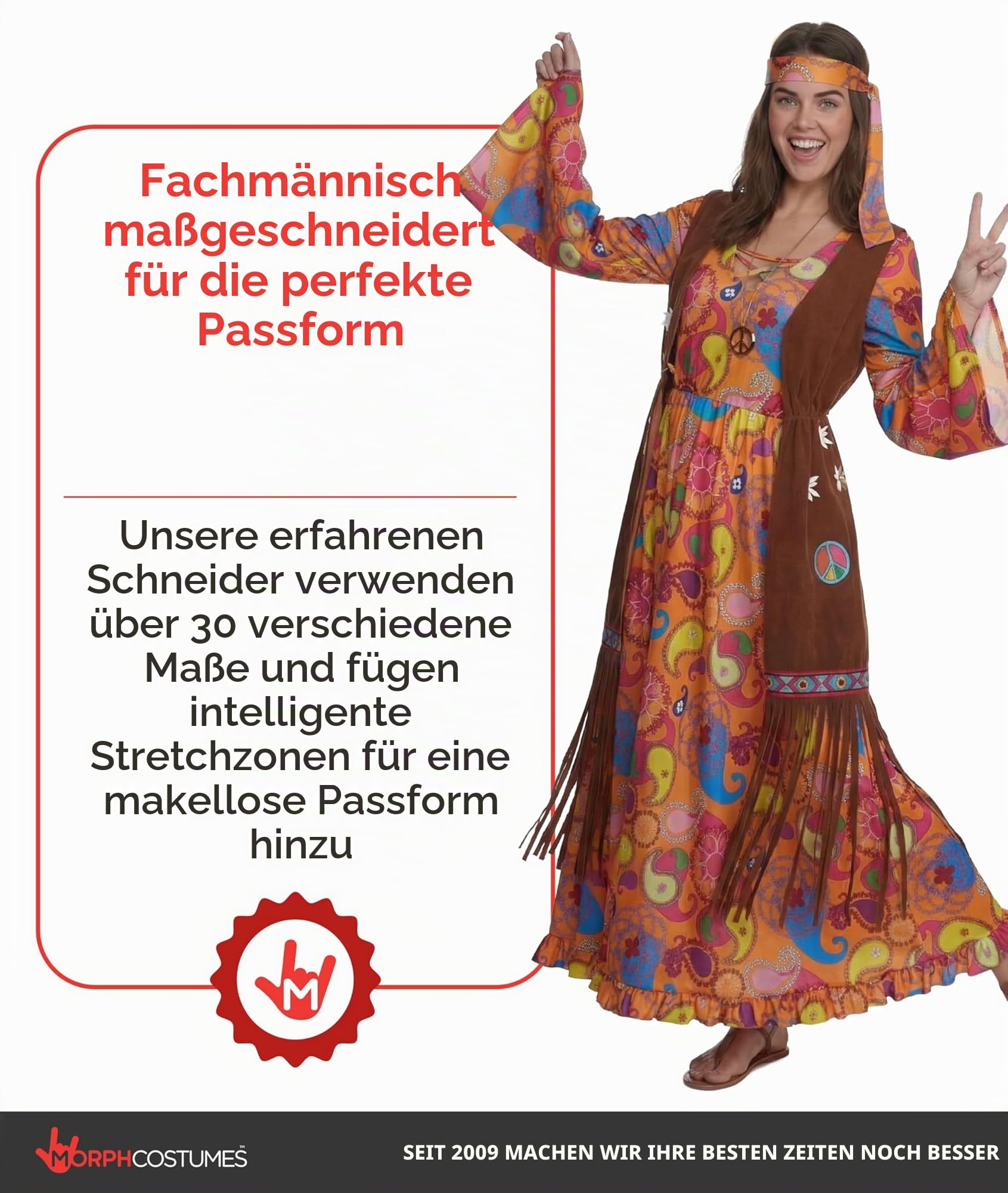 Morph Hippie Kostüm Damen, 70er Jahre Outfit Damen, 70er Jahre Bekleidung, Hippie Kleid, Schlagermove Outfit Frauen, Karneval Kostum Frauen, Fasching