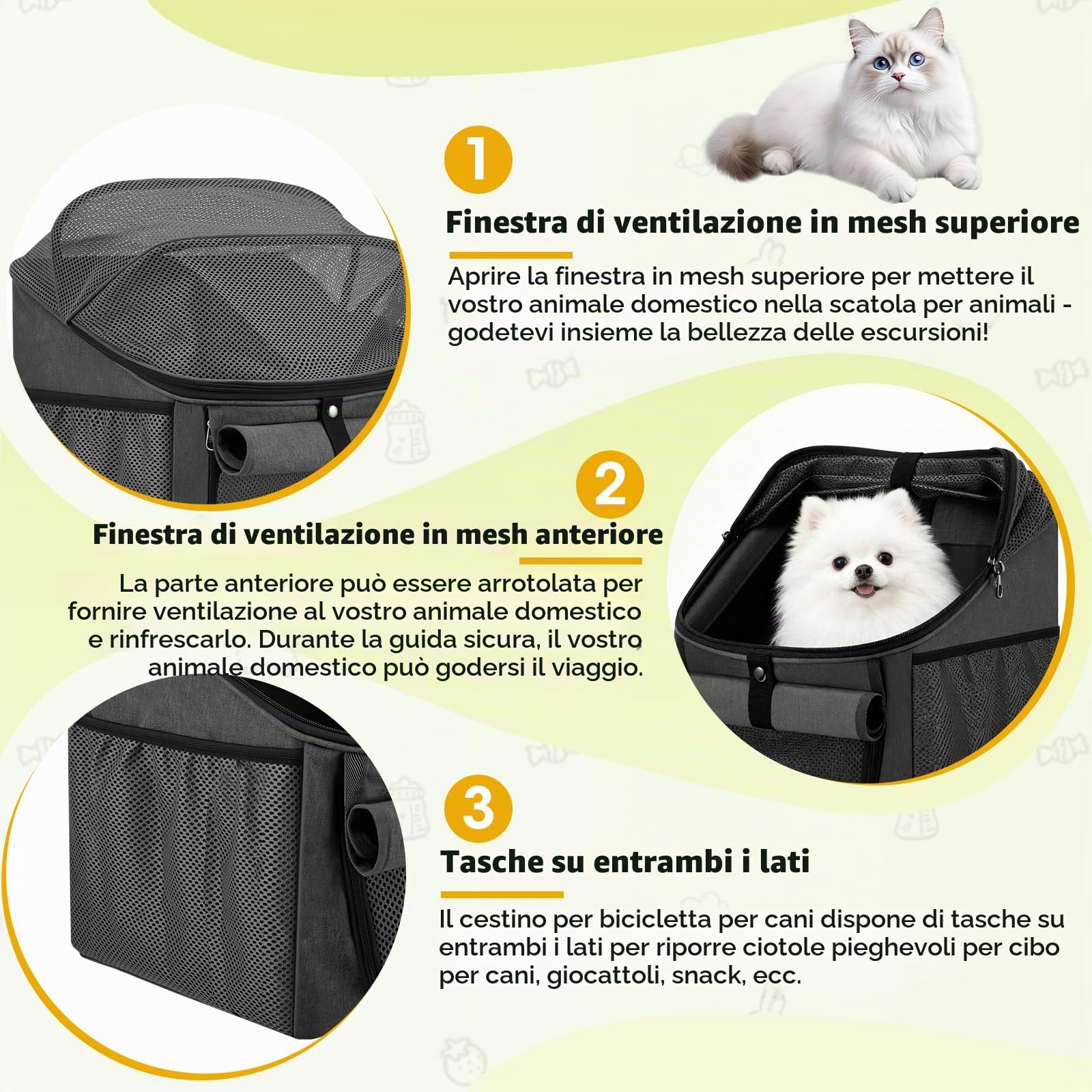 Cestino anteriore per bicicletta per cani, 4 in 1, fino a 6 kg, borsa da bicicletta pieghevole per animali domestici, con finestre in rete e cintura di sicurezza, borsa da viaggio per cani e gatti di