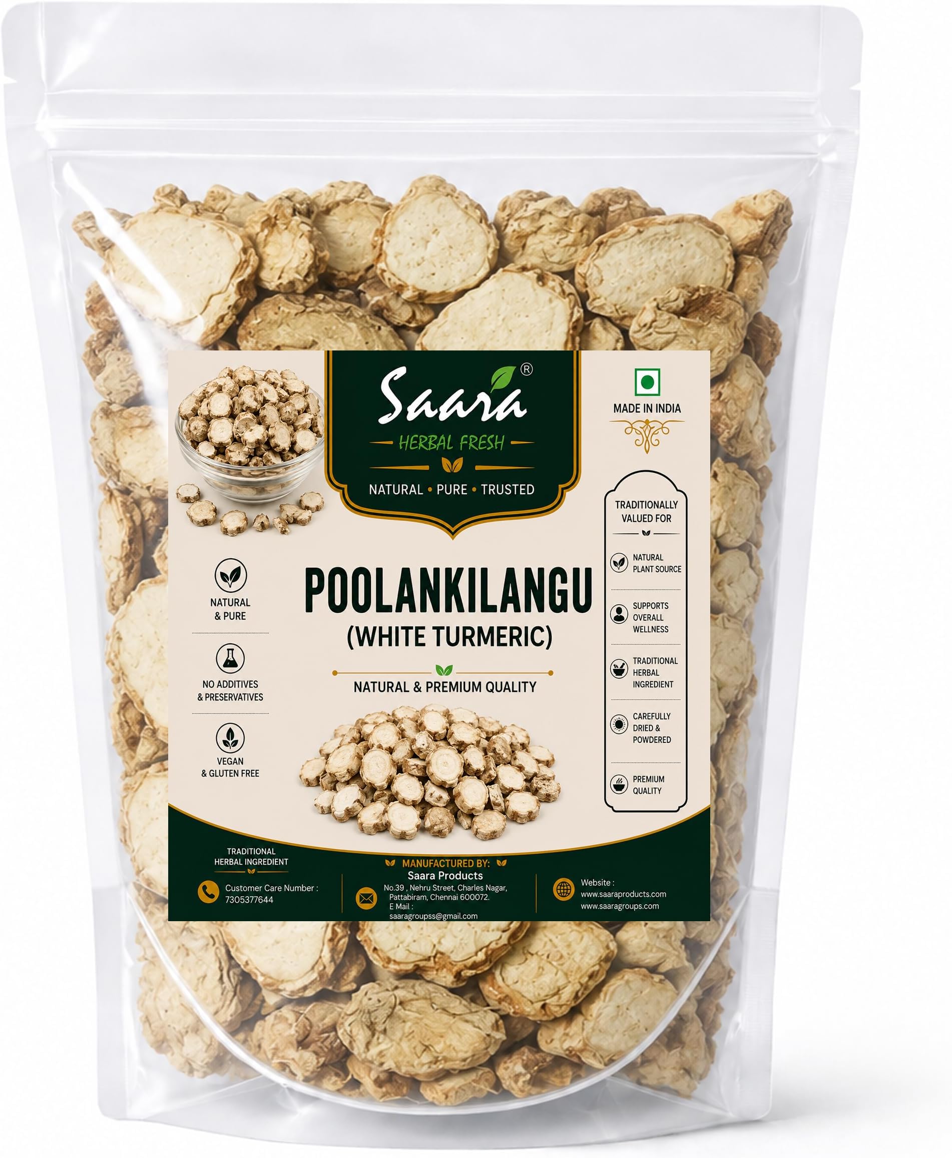 Saara HERBAL FRESH Poolankilangu Root, 100g, Zeodary Root, Curcuma Zedoaria, Kichilli Kilangu, Kachur, White Turmeric (whole), (pack of 1 x 100g)