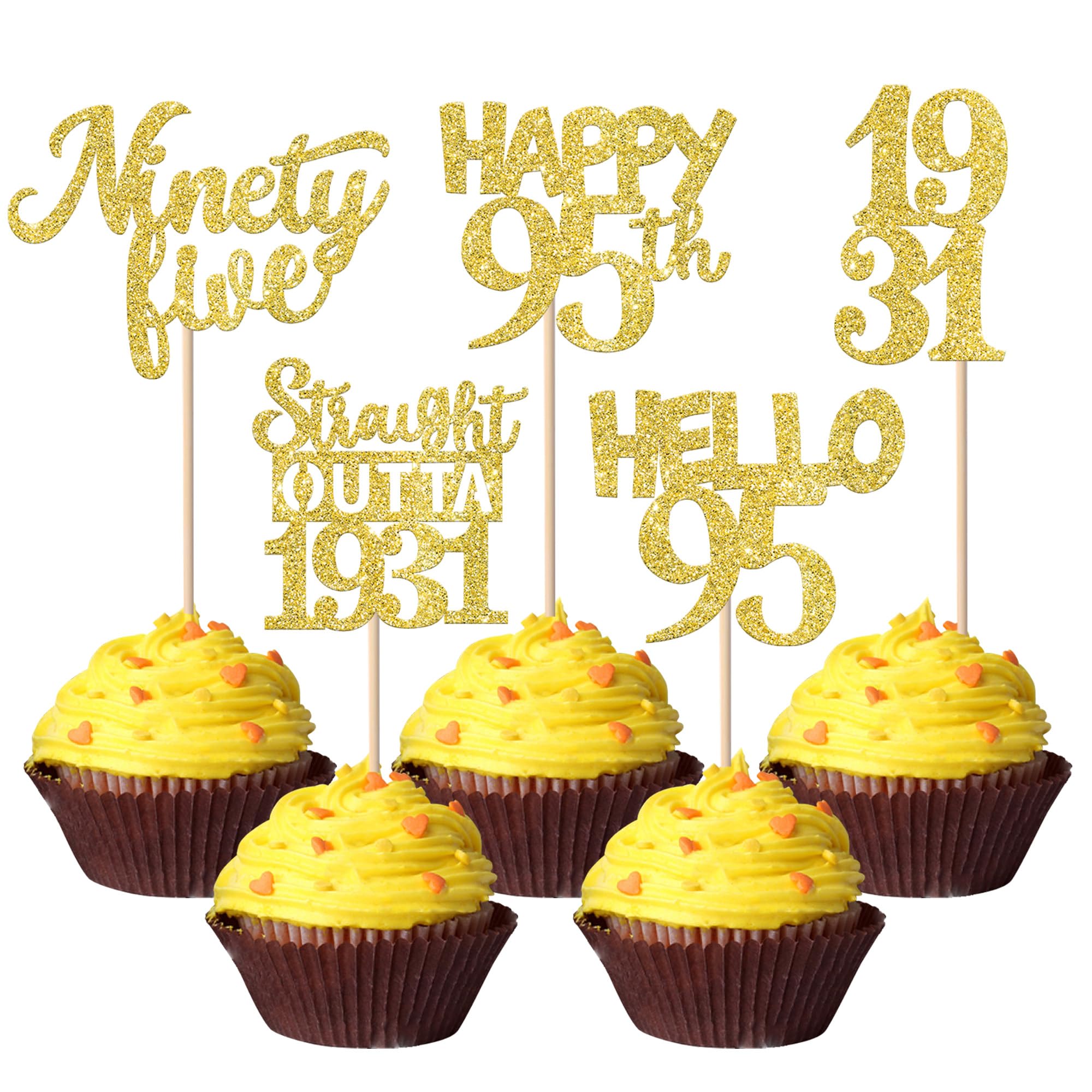 30PCS Straight Outta 1930 Cupcake Toppers Gold Glitter Nighty Five Happy 95th Birthday Cupcake Picks Cheers to 95 Fabulous Cake Decorations for 95th