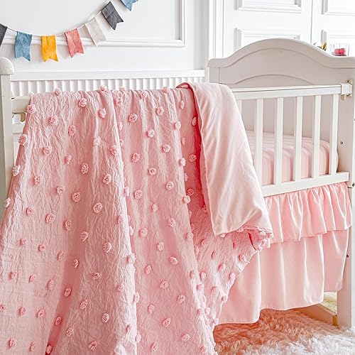 Miniatura 5 de Juego de ropa de cama rosa para cuna, edredón jacquard con lunares copetudos, sábana bajera y falda de cama, bonito bordado, bohemio, shabby chic,