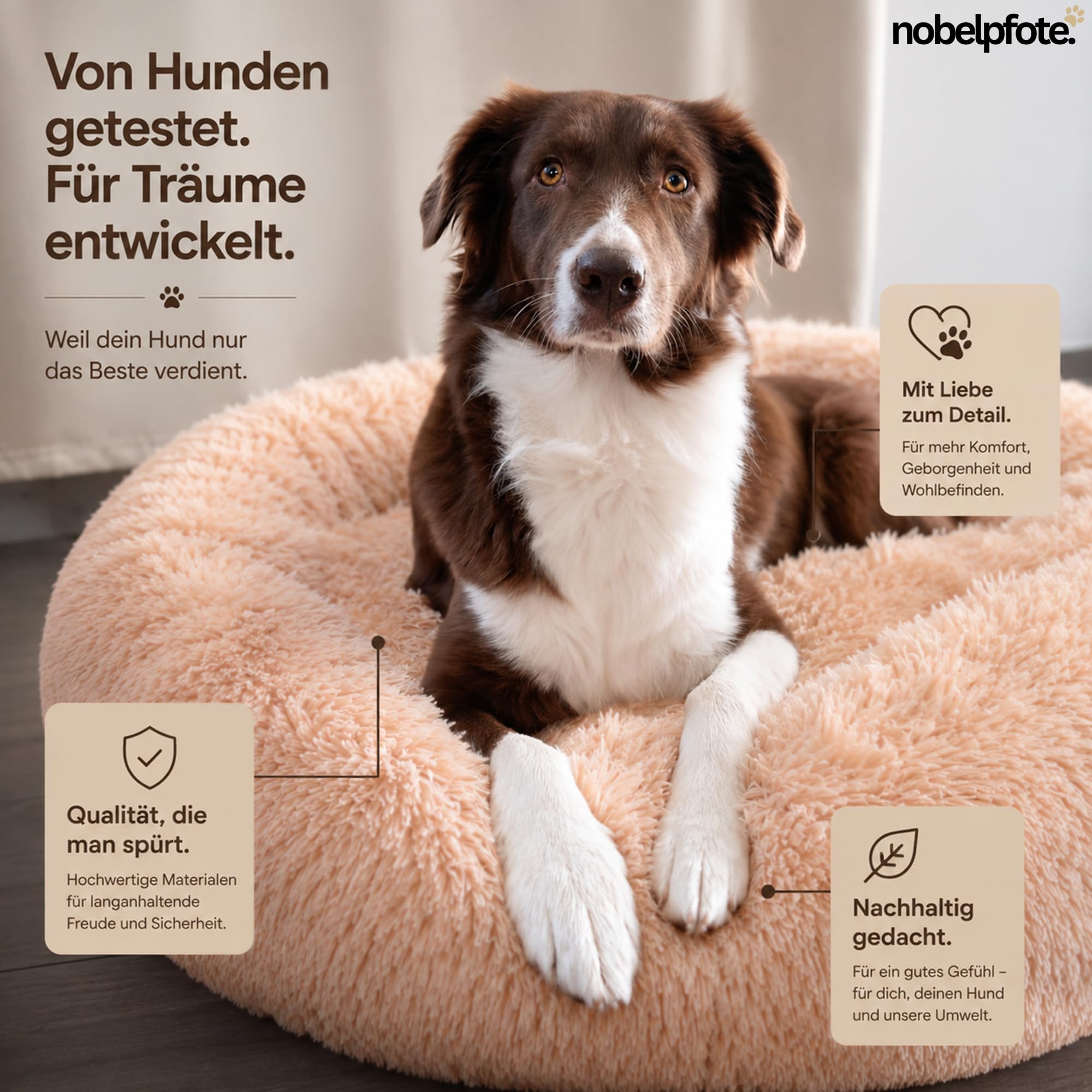Hundebett Wolke 7 - Kuscheliges Hundekissen, waschbarer Bezug, gelenkschonend für kleine, mittelgroße & große Hunde, Beige, M - 70cm