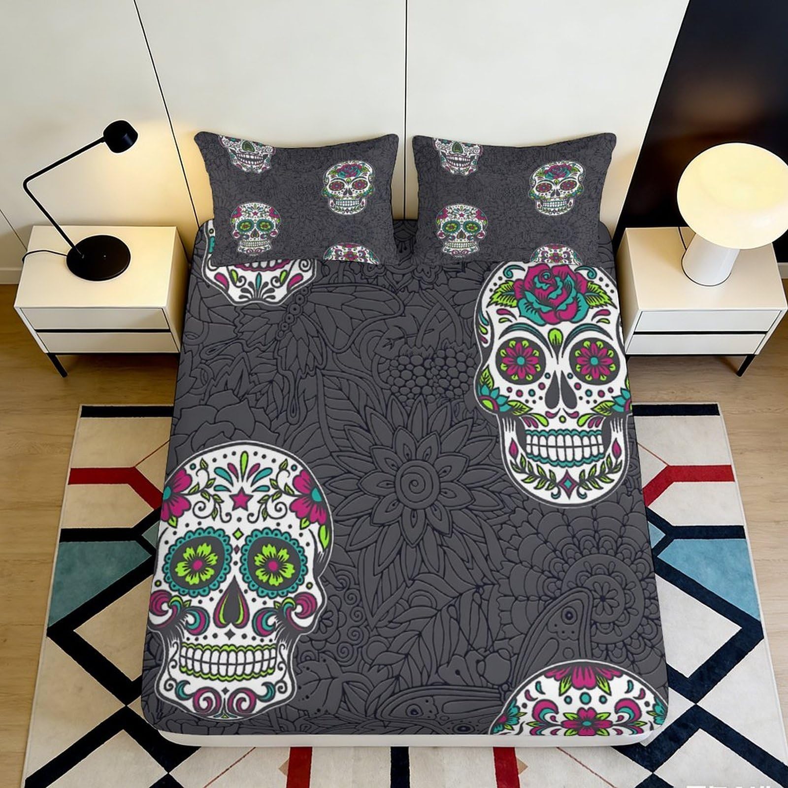 3D Printed Sugar Skull Fitted Sheet Microfiber Soft Breathable Floral Skull Bed Cover for Bedroom Dormitory Guest Room Mattress Protection Decor 160x200x25cm