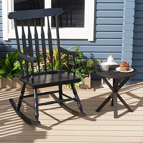 Miniatura 6 de Giantex Mecedora de madera para exteriores juego de 2 mecedoras de patio con marco sólido respaldo de listones balancín exterior e interior para