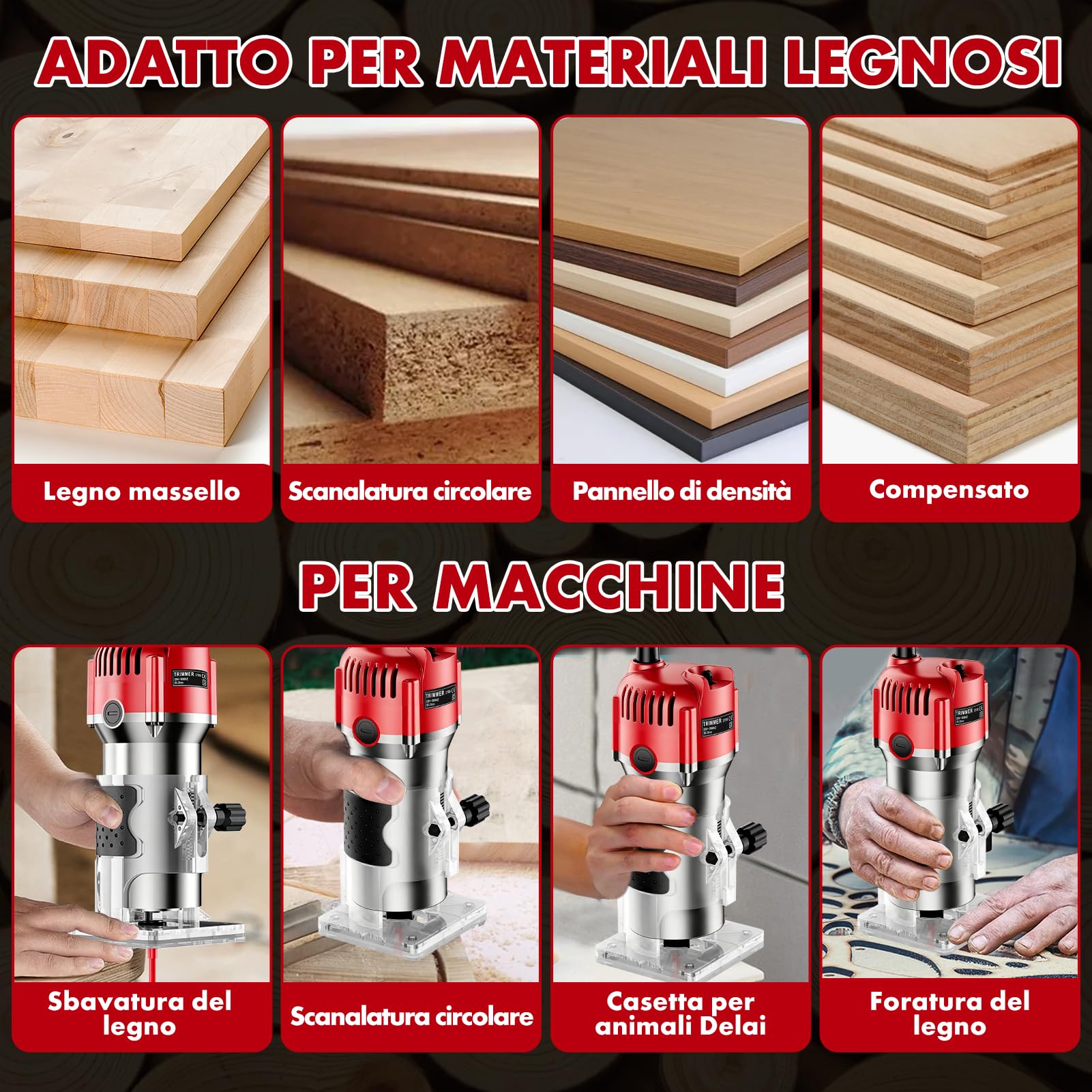 Fresa Elettrica per Legno 800W, Fresatrice Manuale 30000 Giri/min con Guida a Rullo e Guida Lineare, Rifilatore per Legno con Pinza 6,35mm, Fresa per Scanalature Bordi Profili e Incisioni