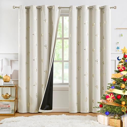 Jubilantex Cortinas opacas de mariposa de 95 pulgadas de largo para dormitorio de niños, cortinas florales y mariposas con estampado beige y dorado,
