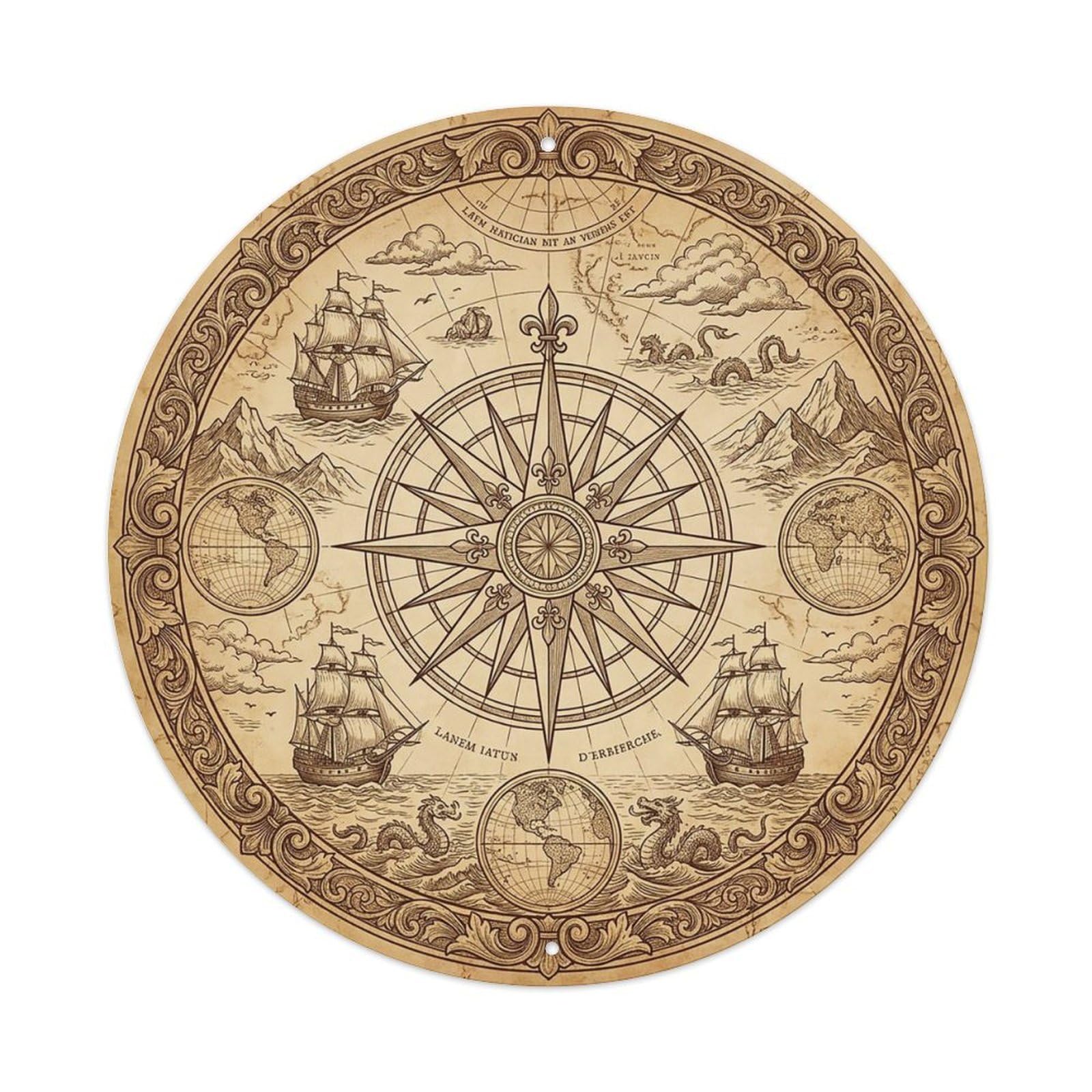 Vintage Nautical Compass World Map Lighthouse Path Metal Tin Sign