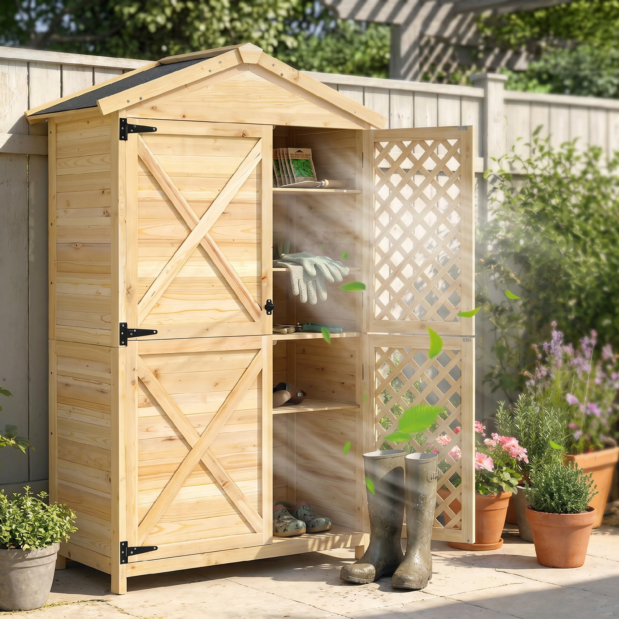Outsunny Armadio da Giardino in Legno di Abete con Ante Ventilate e Kit Antiribaltamento, Casetta Porta Attrezzi da Esterno con Ripiani Rimovibili e Tetto Inclinato in Asfalto, Colore Legno