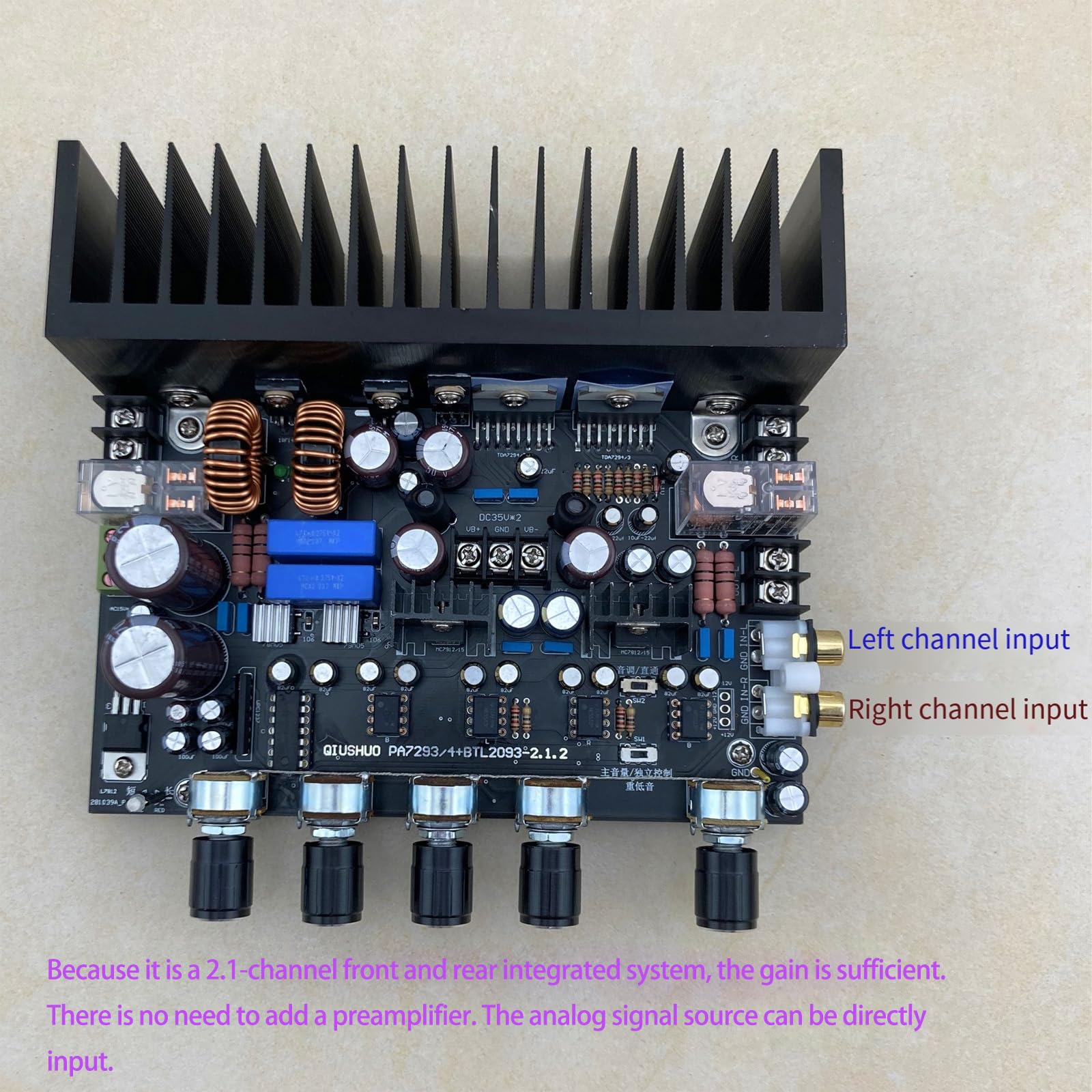 Placa de circuito amplificador integrado de 2.1 canales, doble entrada de potencia, 100 W, 200 W, acabado de salida de subwoofer con disipador de calor de metal, salida de batalla, placa