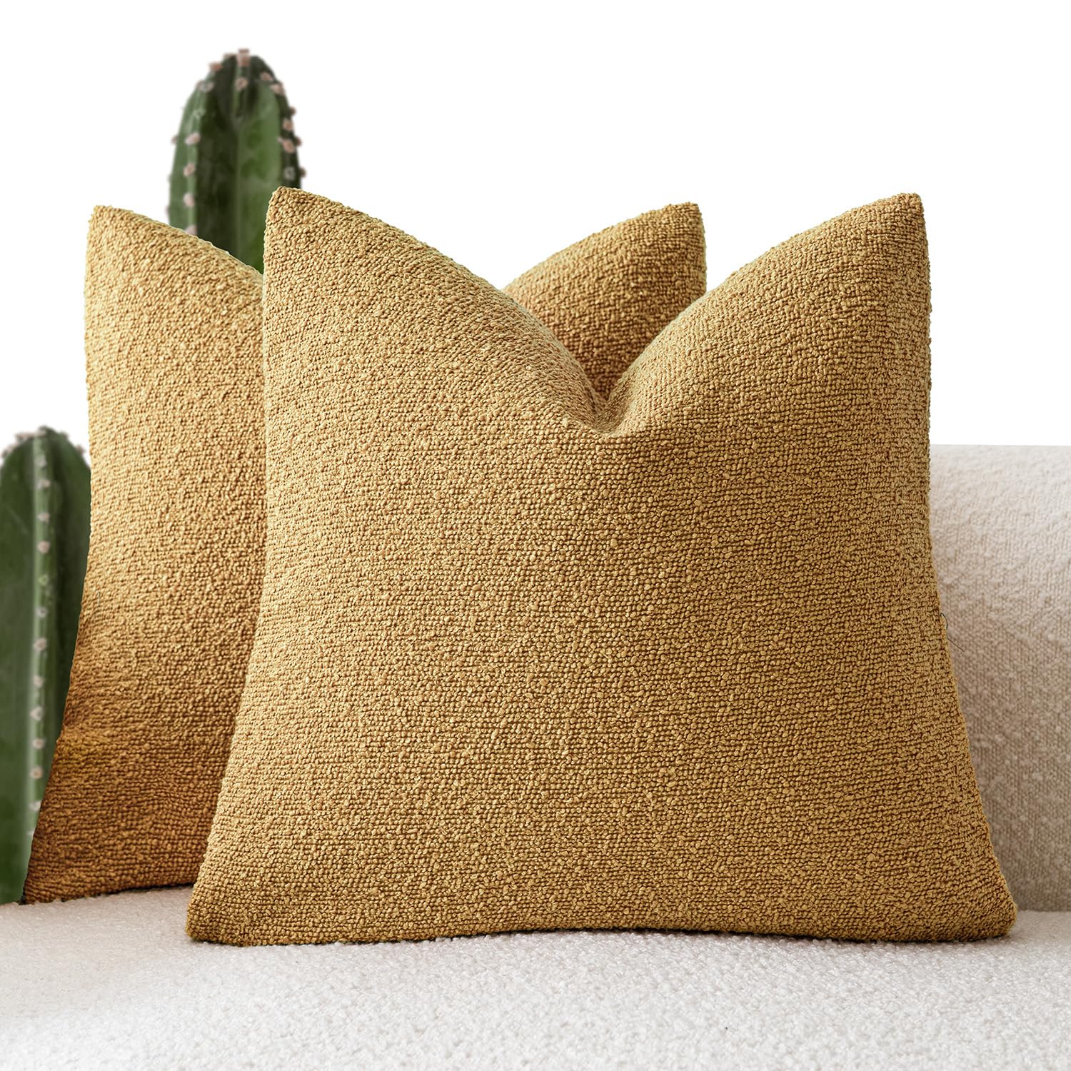 Foindtower Pack of 2 Textured Boucle Throw Pillow Covers Accent Solid Pillow Cases Cozy Soft Decorative Couch Cushion Case for Couch Chair Sofa Bedroom Living Room Home Decor 18x18 Inch Sunflower — image 1