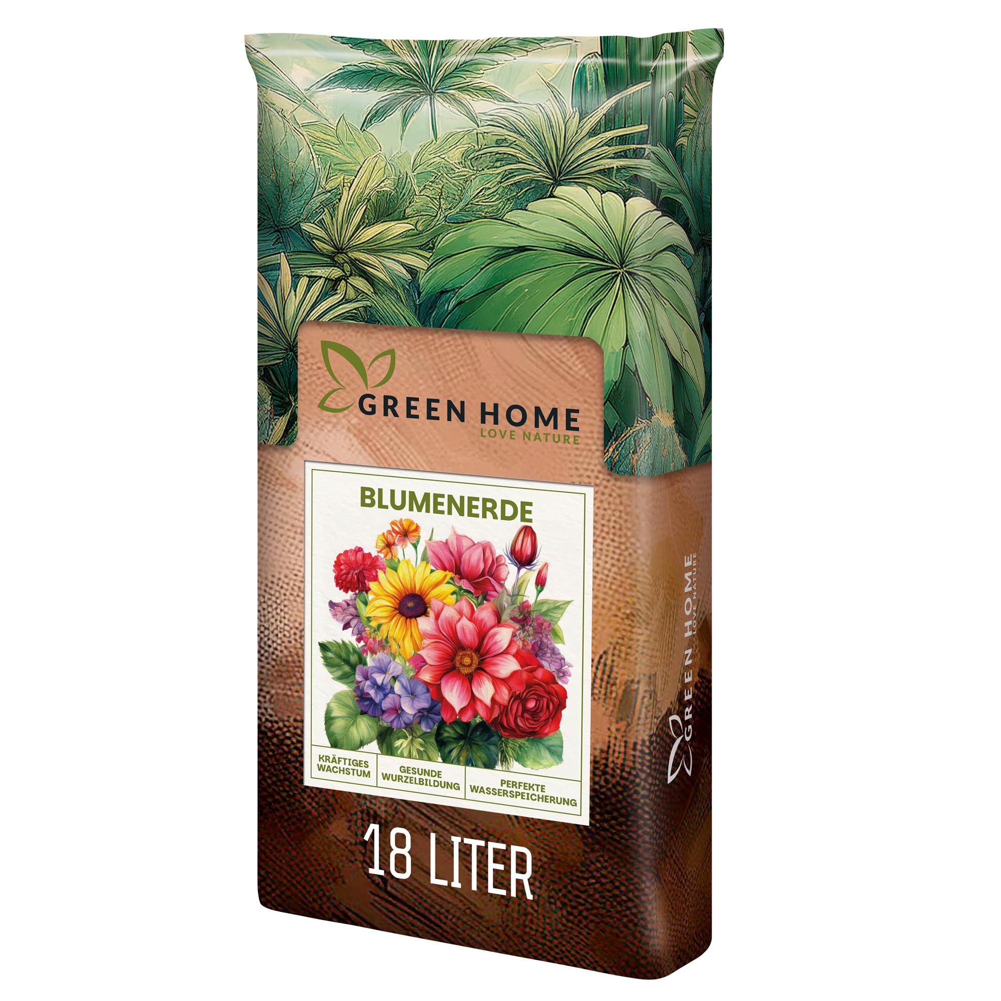 Green Home Blumenerde 18L Pflanzerde für Zimmerpflanzen, Balkon & Garten | Mit NPK 14-10-18 + CoteN + Spurenelemente | Blumenerde mit Perlite, Kokosfaser & Rindenhumus | Für Hochbeet & Pflanzkübel