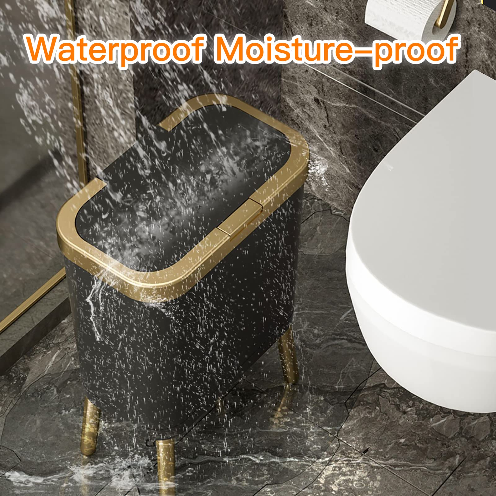 Pattumiera da Cucina Piccola, pattumiera da Bagno Sottile da 15 Litri con Coperchio, per Camera da Letto, Ufficio, WC, Soggiorno (Nero con Oro)