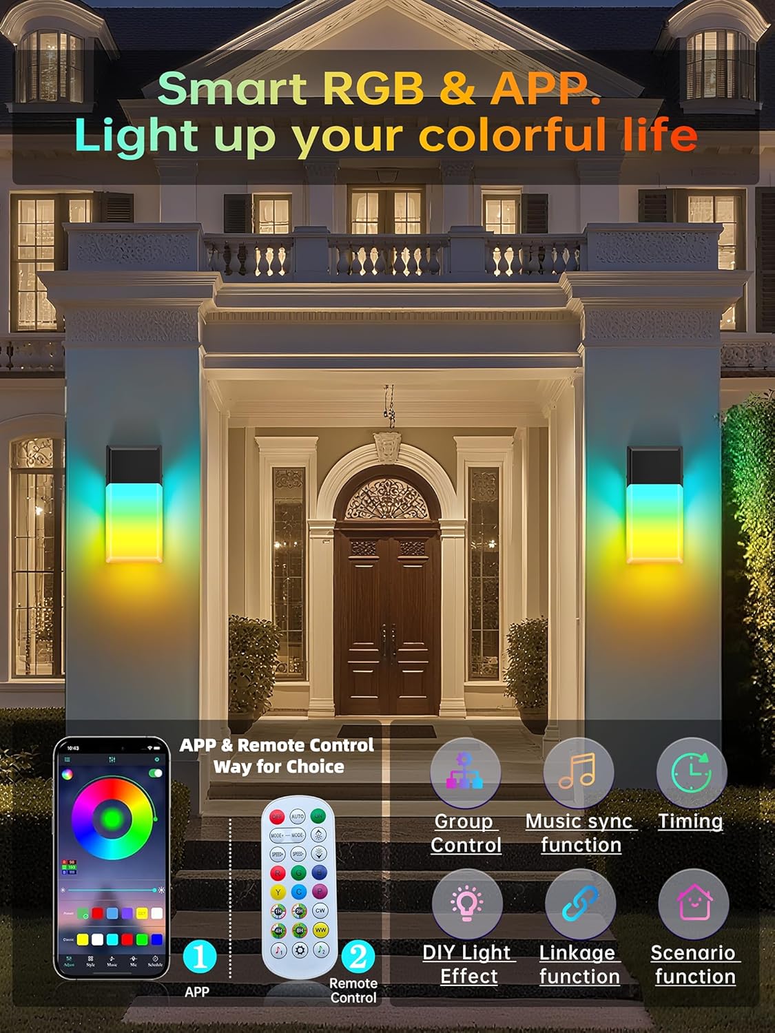 Outdoor Wall Lights, 1500LM RGBCW Smart LED Porch Lamp Sconces, IP65 Waterproof Exterior Lighting Fixtures, Modern Decor for Garage, House, Patio, Garden, Yard, Party