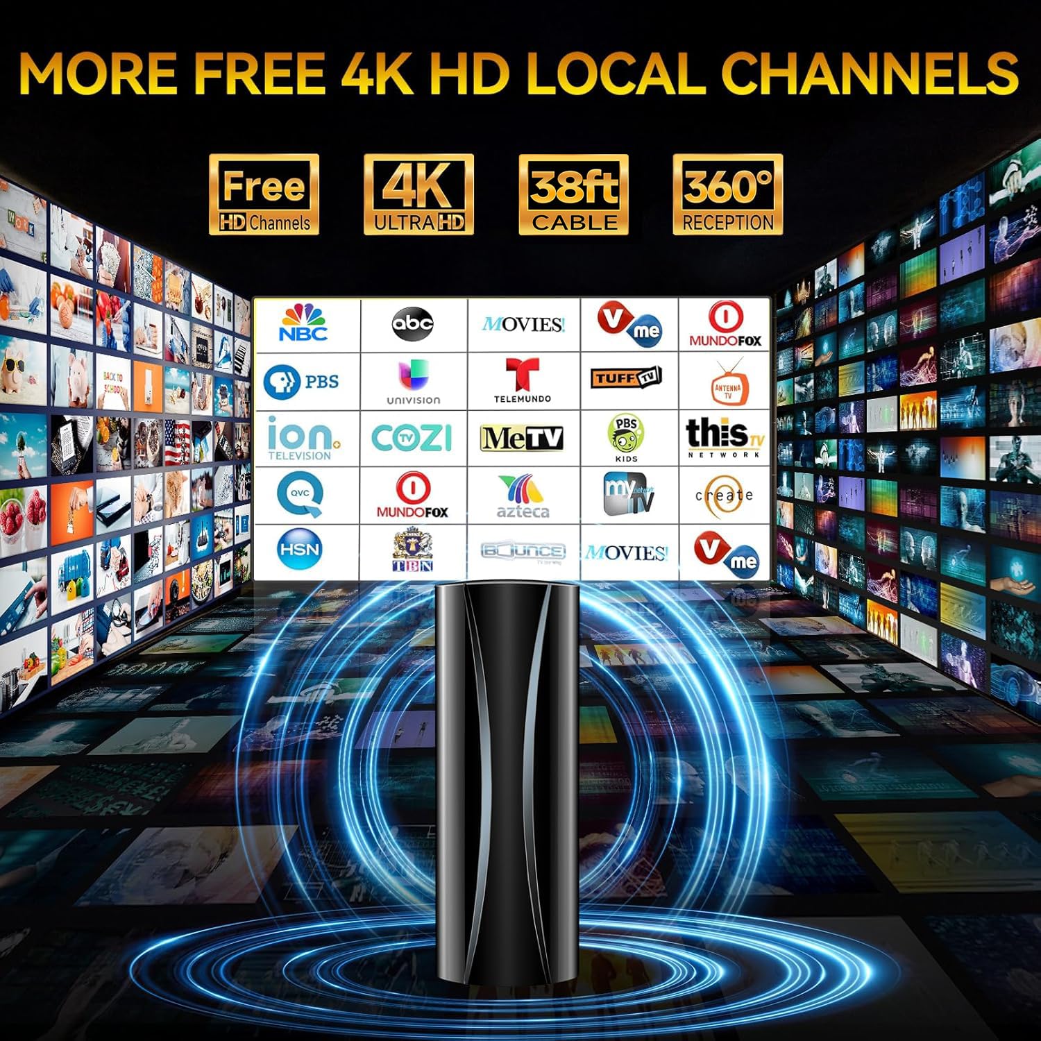 Antenne TV numérique 2026 plus puissante pour intérieur/extérieur avec amplificateur de signal, antenne HDTV pour chaînes locales pour téléviseurs intelligents et anciens téléviseurs - Câble coaxial