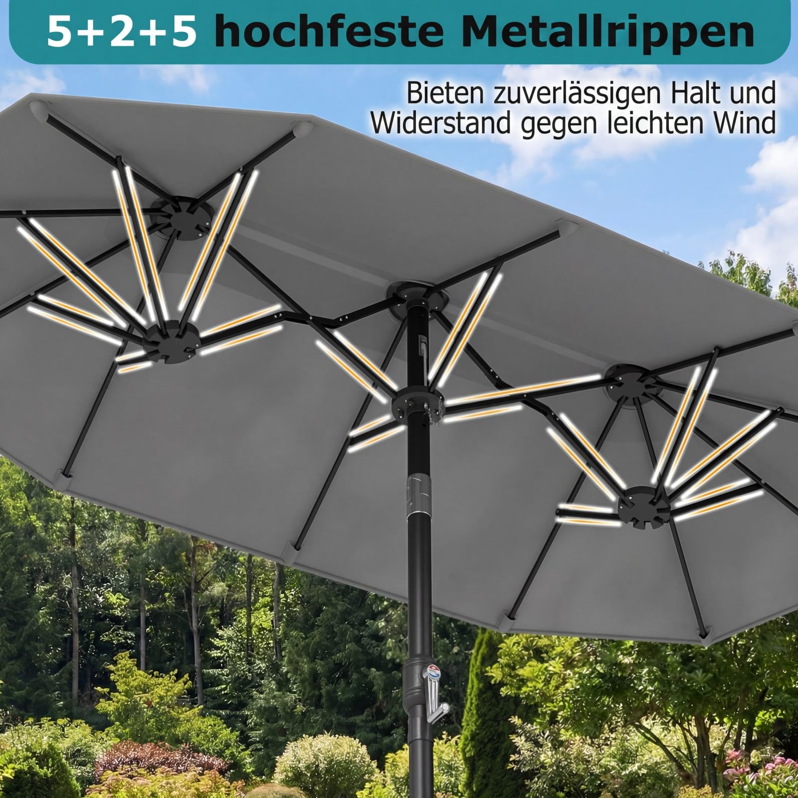 COSTWAY Doppelsonnenschirm knickbar 300x150cm, Doppel Sonnenschirm, Gartenschirm mit Kurbel, Terrassenschirm, Marktschirm für Garten, Terrasse, Balkon (Grau)