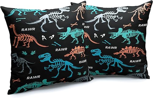 Miniatura 2 de Juego de 2 fundas de almohada de calavera de dinosaurio azul de 16 x 16 pulgadas, fundas de almohada cuadradas de lino abstracto con huesos de