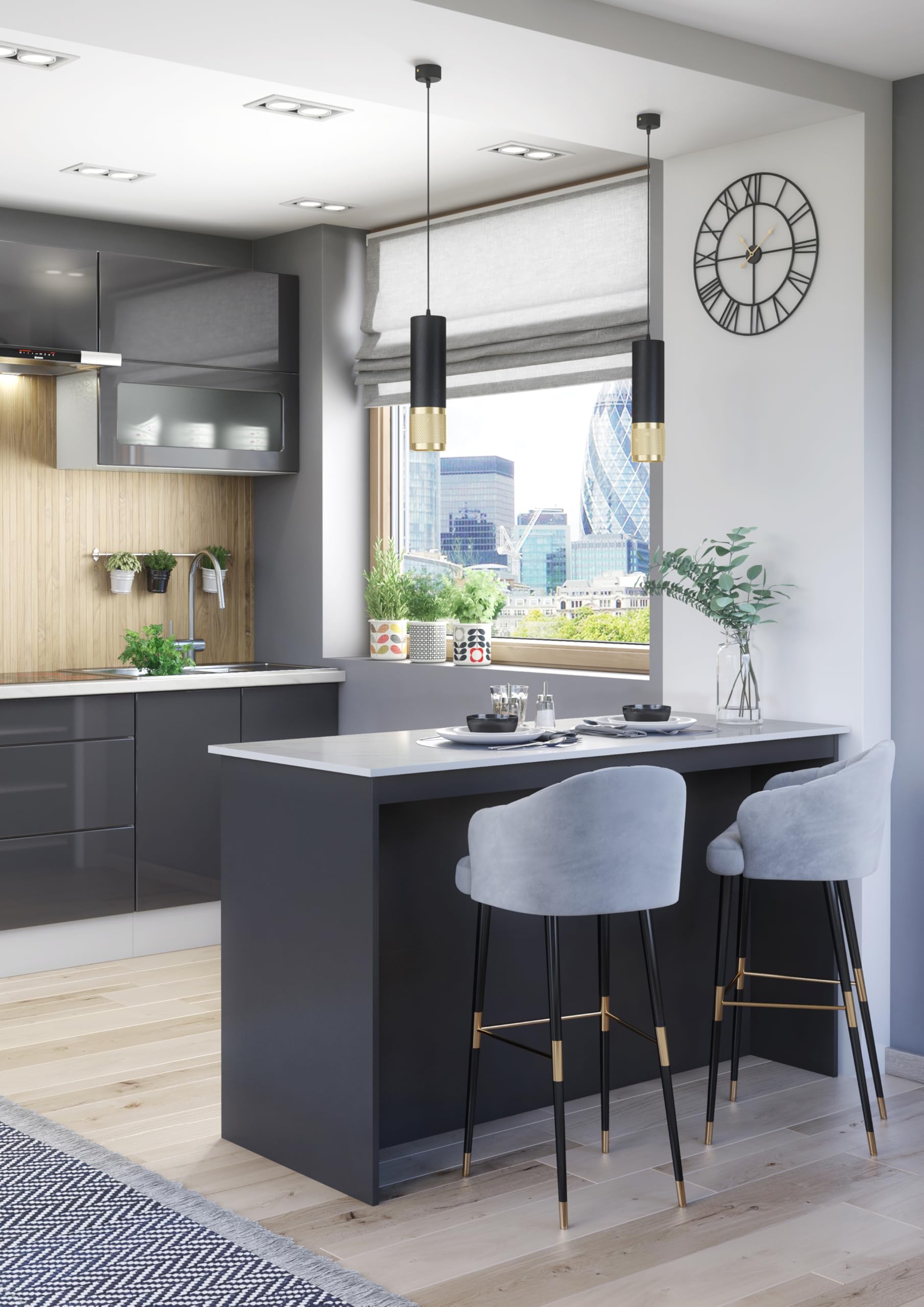 Furneo Kitchen Island Modern Breakfast Bar with Shelves, Graphite & Marble Effect, KI02