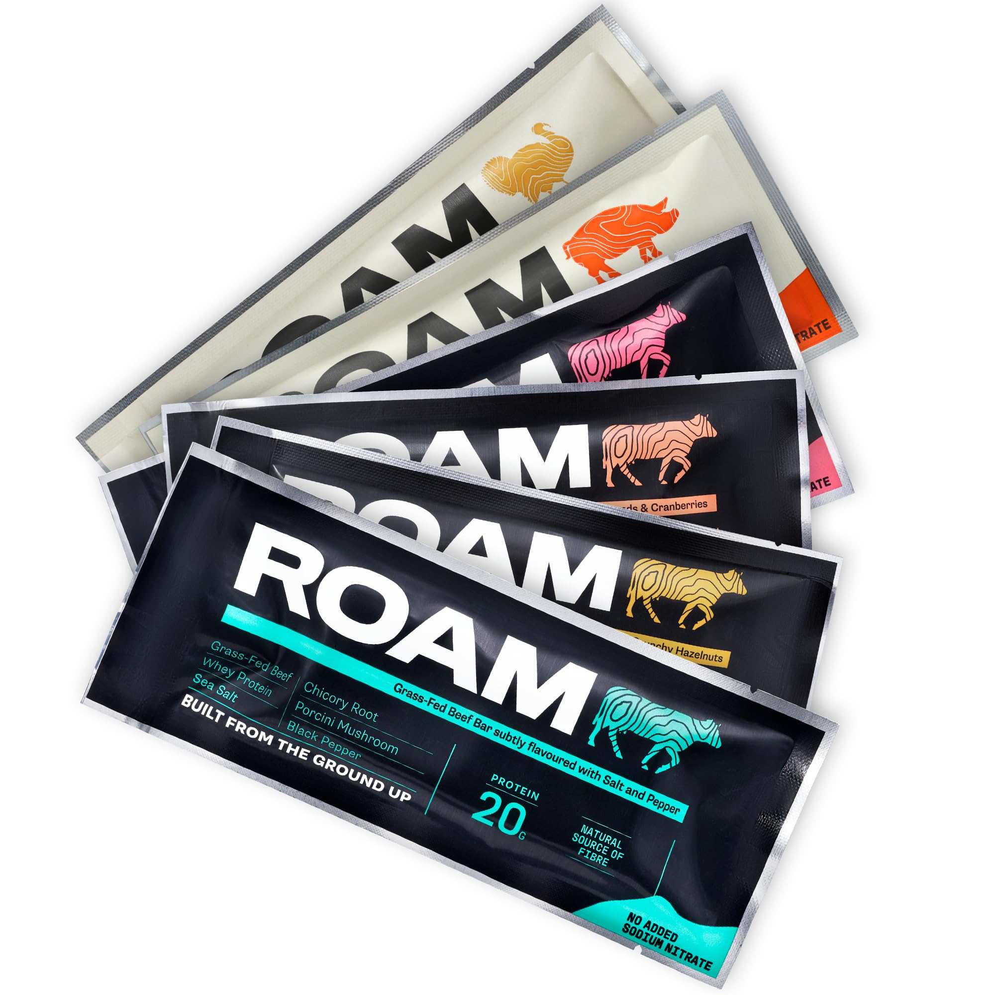Roam Natural Proteinriegel, 12 x 45g Gesunde Snacks – Ideal für Carnivore Diät, Glutenfrei & Keto-freundlich – Mix aus Weiderind-Fleischriegeln (12 x 45g Bars)