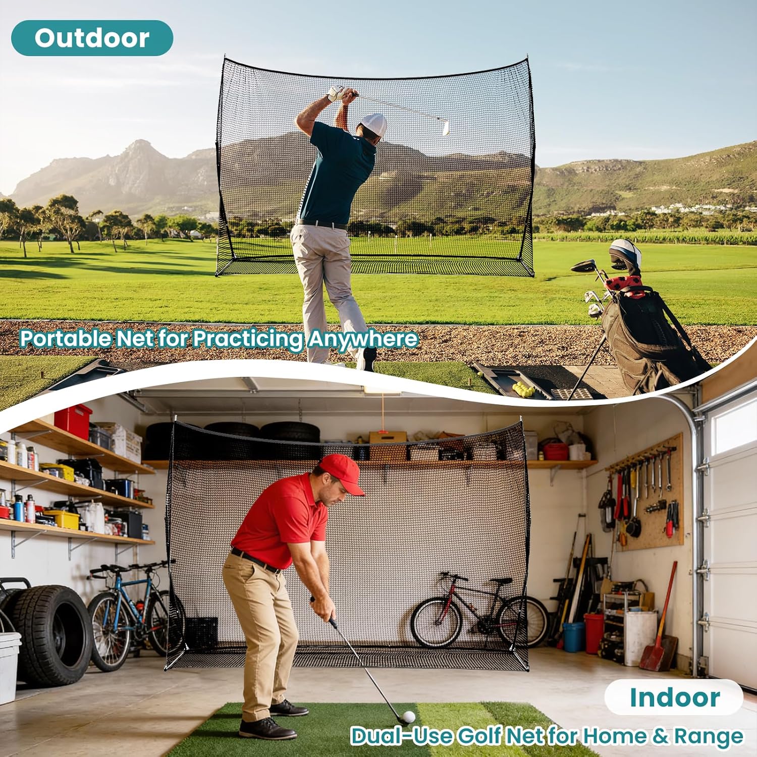 OLIXIS Golf Nets for Backyard, 10x7 ft Golf Practice Net with Frame, Outdoor & Indoor Dual-Use Sturdy for Hitting, Personal Driving Range for Home, Garage and Backyard, Black