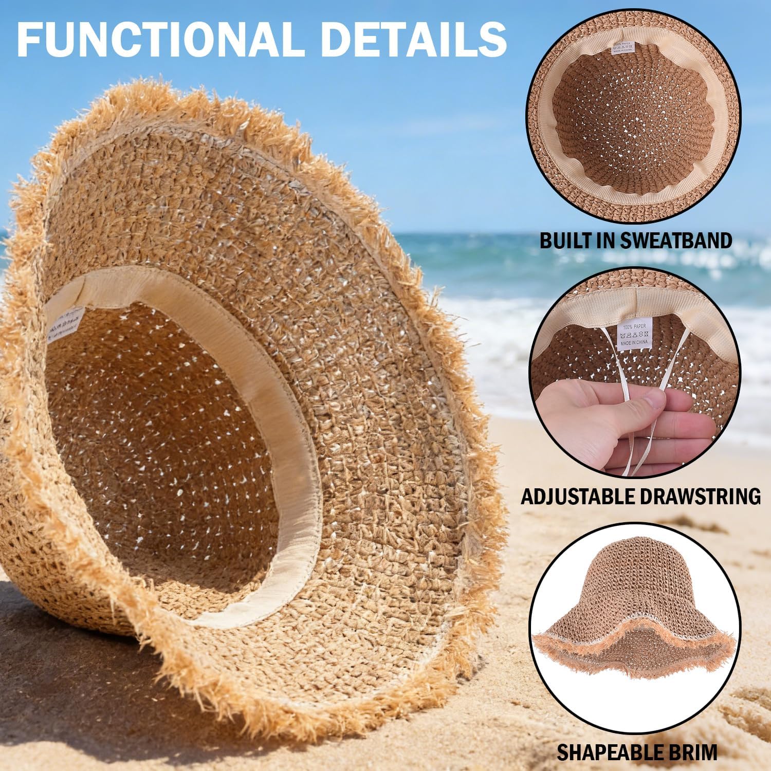 Women's Straw Bucket Sun Hat, Packable Floppy Wide Brim Beach Hat | Adjustable Fit, UV Protection & Shapable Brim, Breathable & Lightweight for Summer Daily Outdoor Use