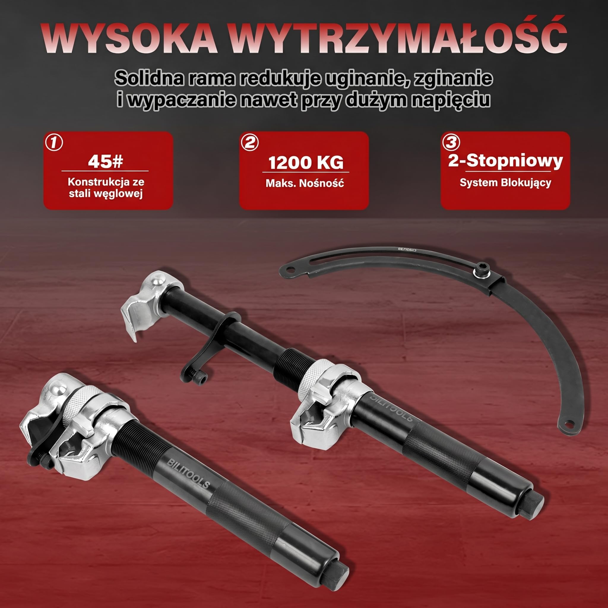 BILITOOLS Ściągacz do sprężyny amortyzatorów | 2-częściowy Wzmocniony Zestaw do Kolumn MacPhersona z Bezpiecznymi Szczękami i Uchwytem | Maks. Obciążenie 1200 kg