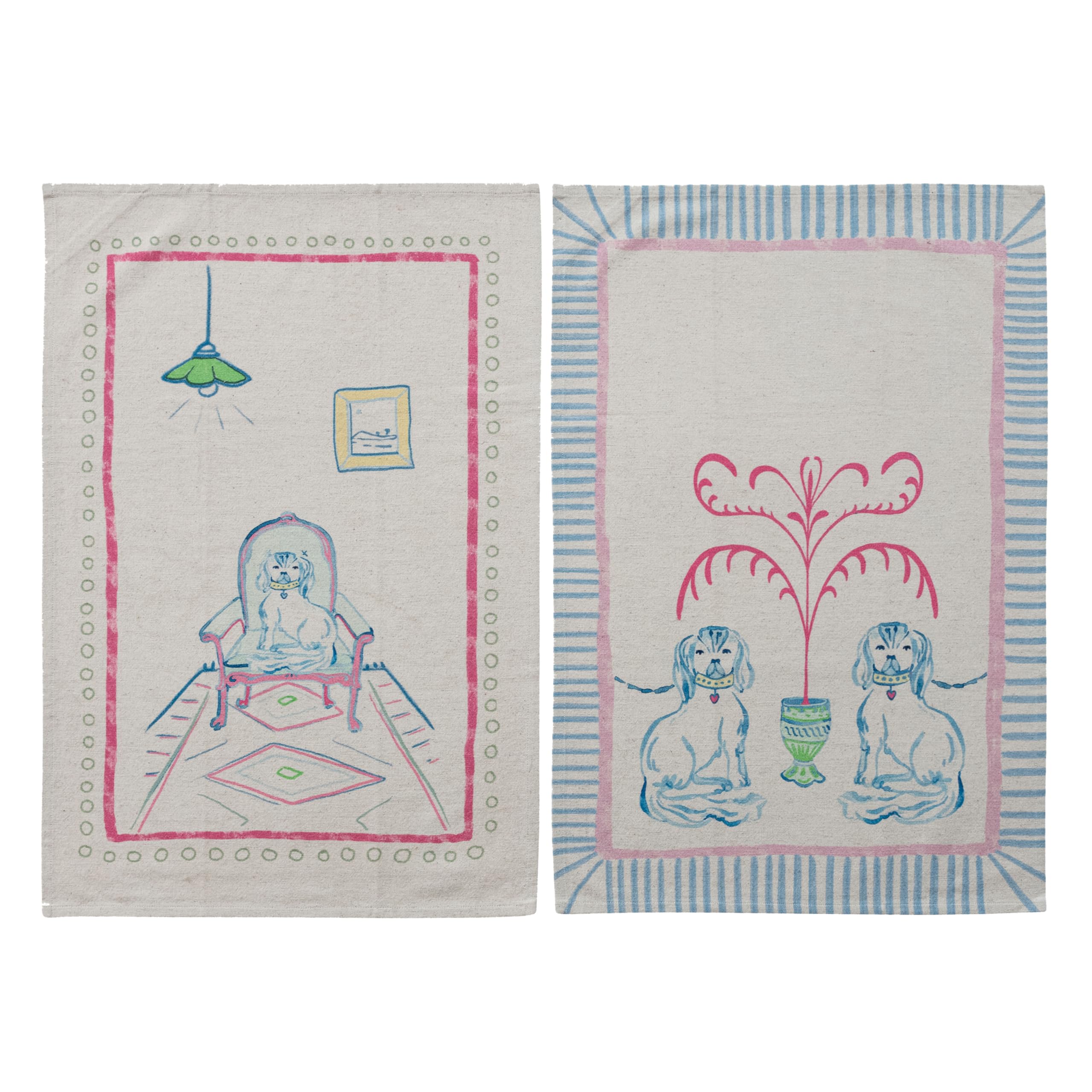 Creative Co-Op 2-Piece Cotton and Linen Printed Tea Towels with Dog Scene, Multicolor
