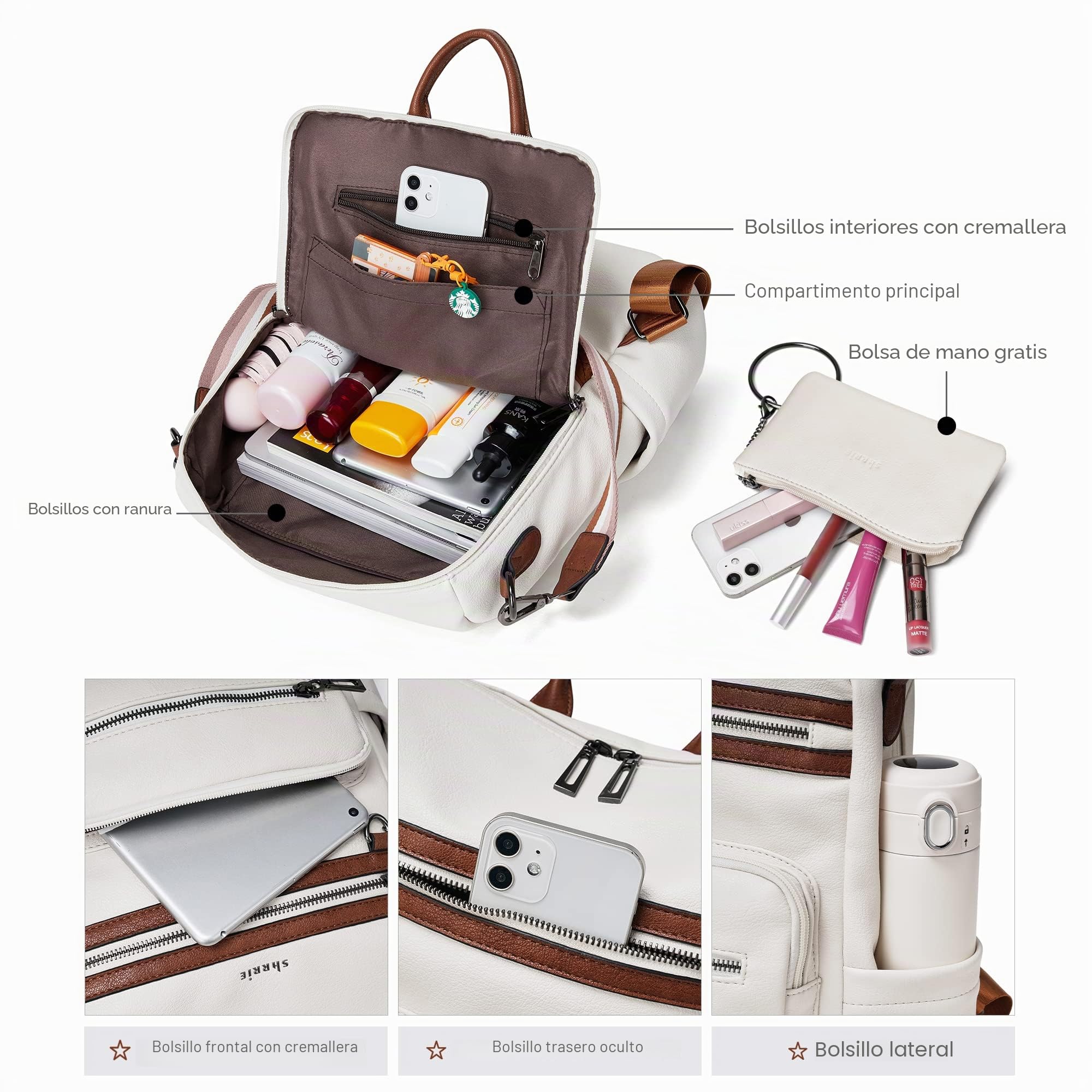 Shrrie Mochila Mujer, Bolso Mochila Antirrobo Mujer Impermeable Casual de Cuero, Mochilas de Viaje, Bolsa de Hombro Convertible con Pulsera Mochilas Daypack