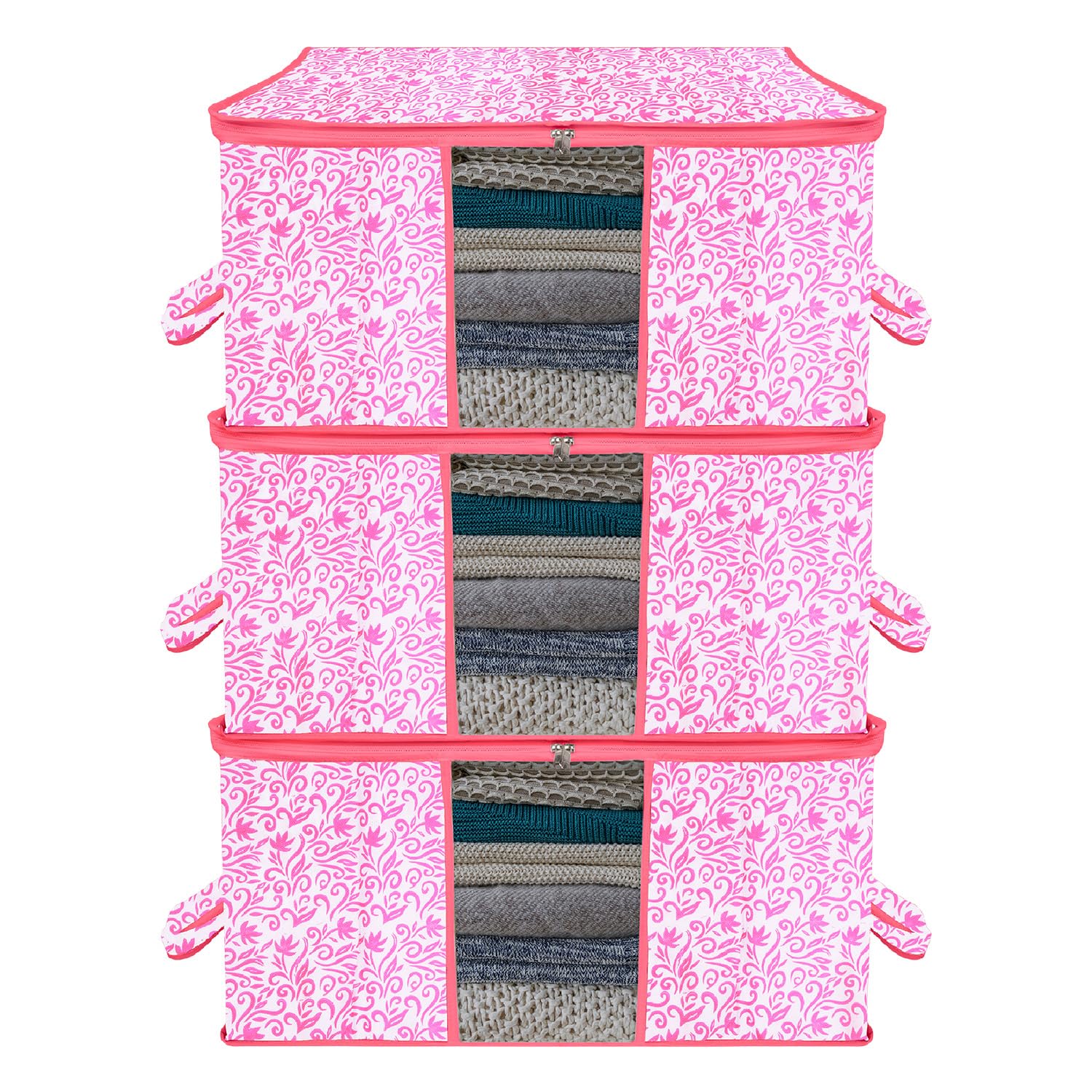 Kuber Industries Underbed Storage Bag | Clothes Storage Organizer | Blanket Cover with Clear Window | Zipper Closure & Handle Cloth Organizer | Leaf-Design | Large | Pack of 3 | Pink (B0CJVGB1D7) Amazon Price History, Amazon Price Tracker