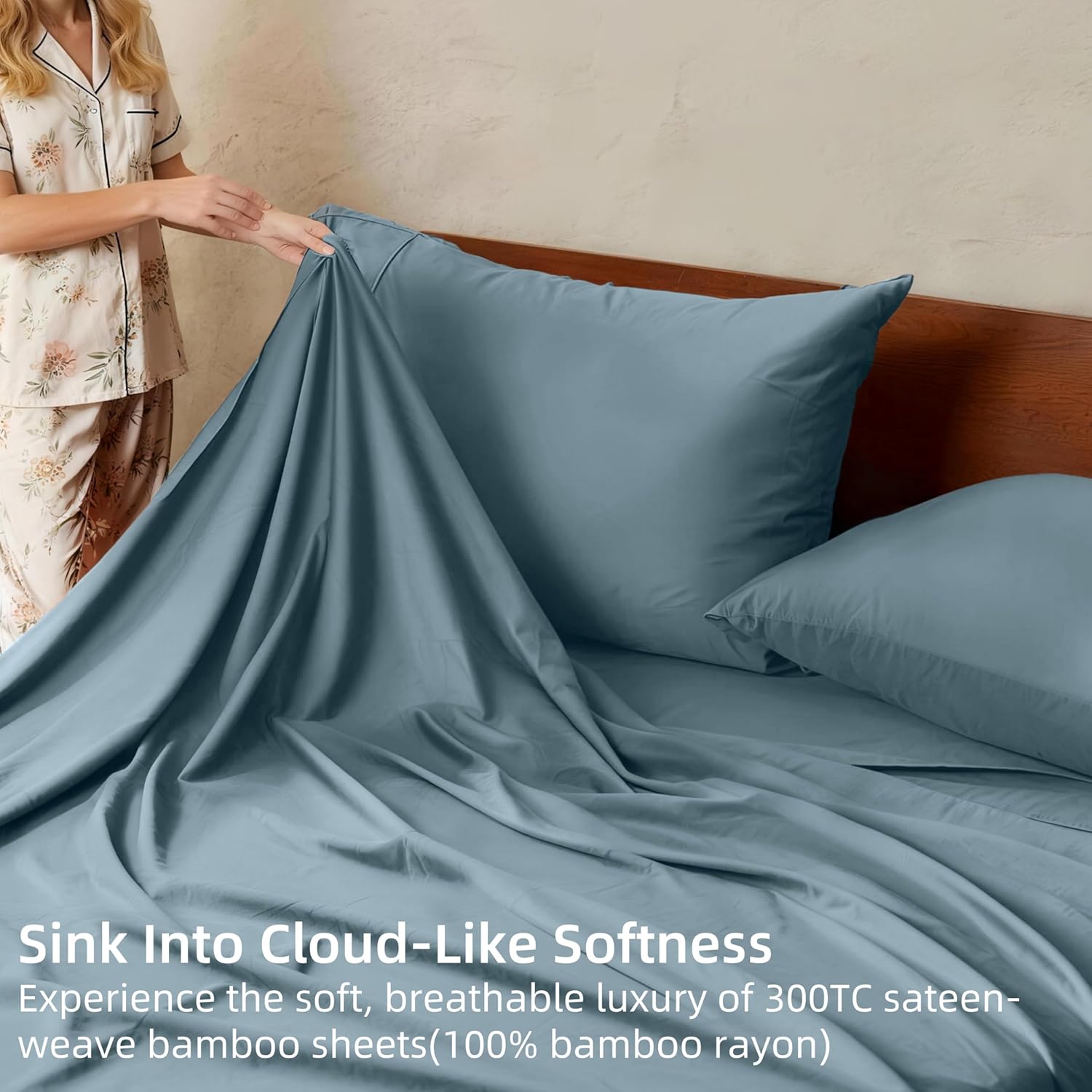 GOKOTTA 4-Pcs Full Sheet Set, 100% Rayon Derived from Bamboo, 15" Deep Pocket Full Size Bed Sheets with Elastic Corner Straps, Cooling Sheets for Hot Sleepers - Silky Soft & Breathable - Blue - Image 3