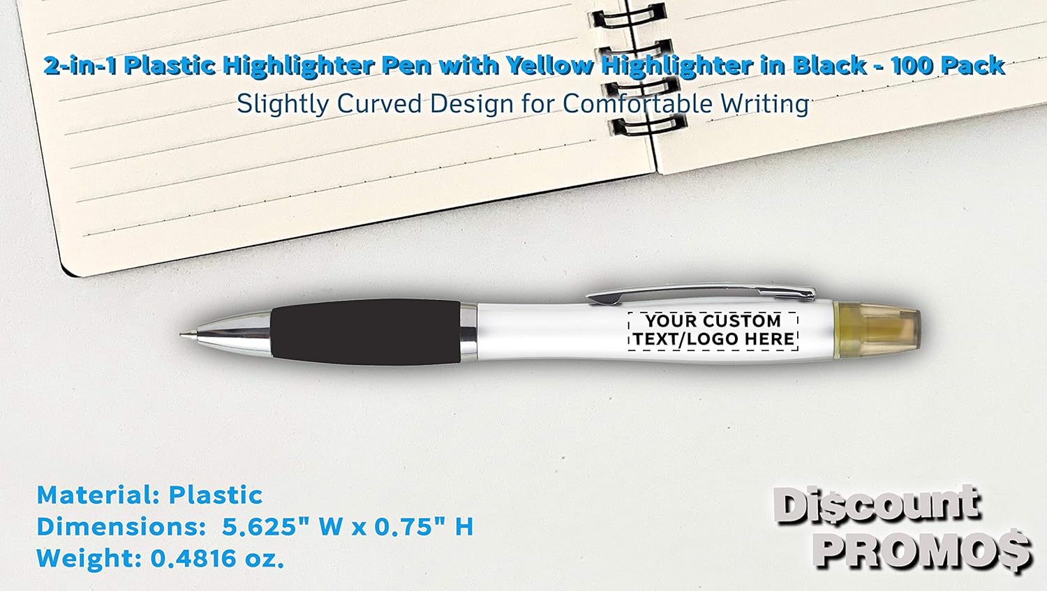 DISCOUNT PROMOS Personalized Plastic Highlighter Pens - 100 pack - Customizable Text, Logo - Black