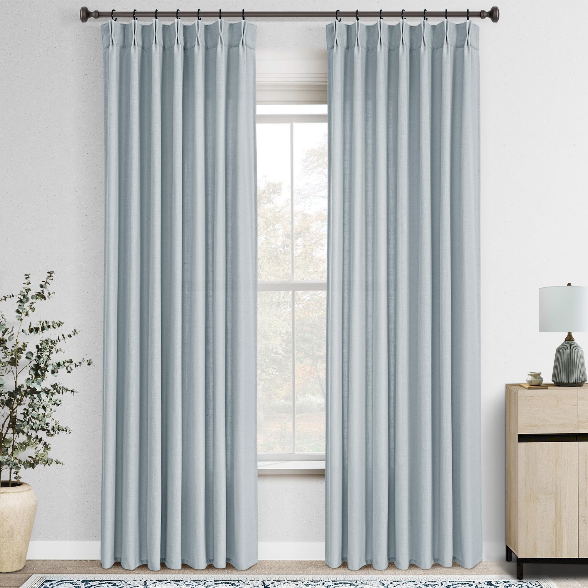 Light Blue Pinch Pleated Linen Curtains 120 inches Long with Clips and Hooks for Boys Bedroom Elegant Neutral Farmhouse Dusty Blue Semi Sheer Pleat