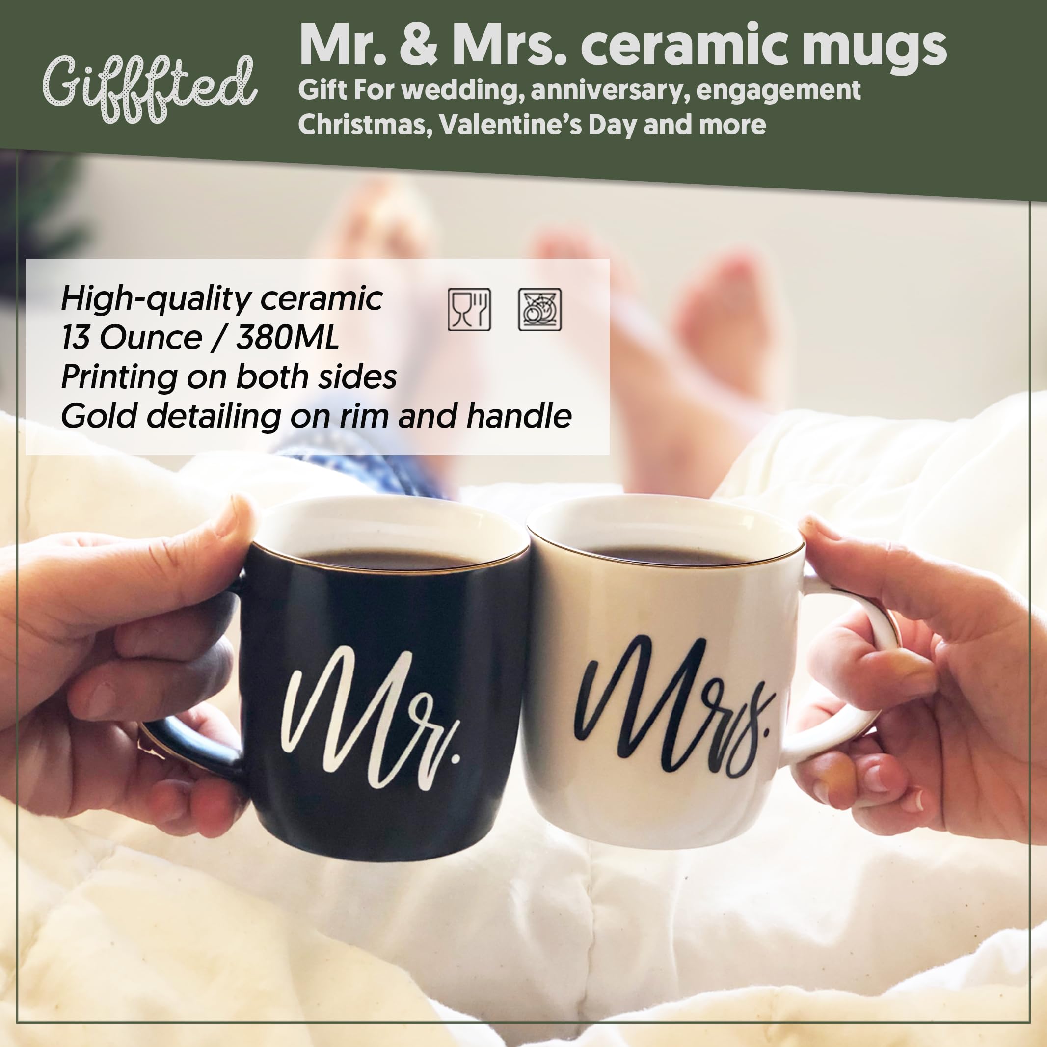 Triple Gifffted Mr E Mrs Tazze Colazione per Coppie, Idee Regali Matrimonio Per La Coppia Di Sposi, Fidanzamento, Anniversario, Lui Lei, Uomo Donna, Marito Moglie, Nozze, Natale, Ceramica Mug, 380 ML