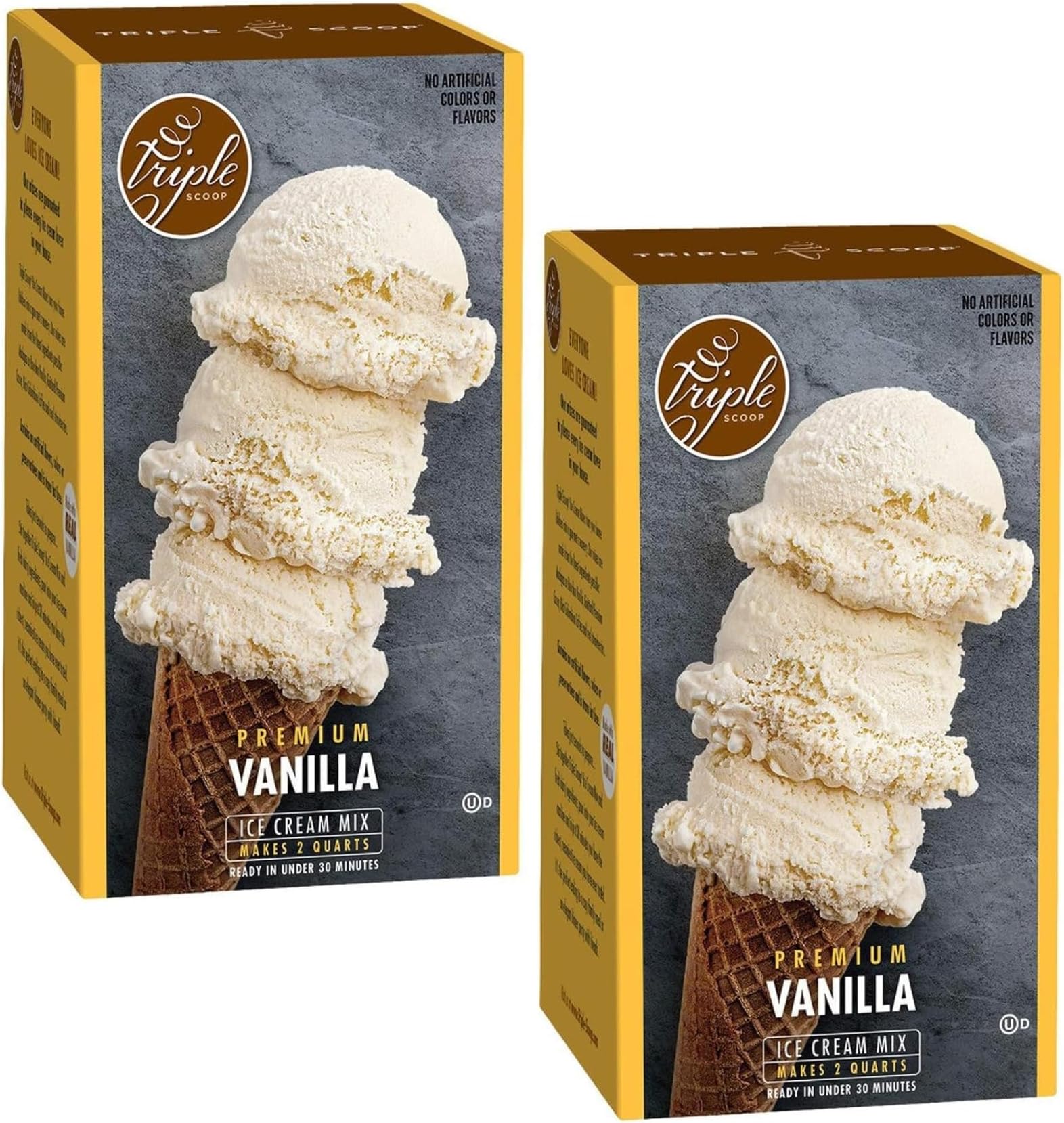 Triple Scoop Premium Vanilla Ice Cream Starter Mix for ice cream maker. Simple, easy, delicious. From gourmet mix to maker in 5 minutes. Makes 4 creamy quarts. Made in USA. (2/12.3 oz boxes)