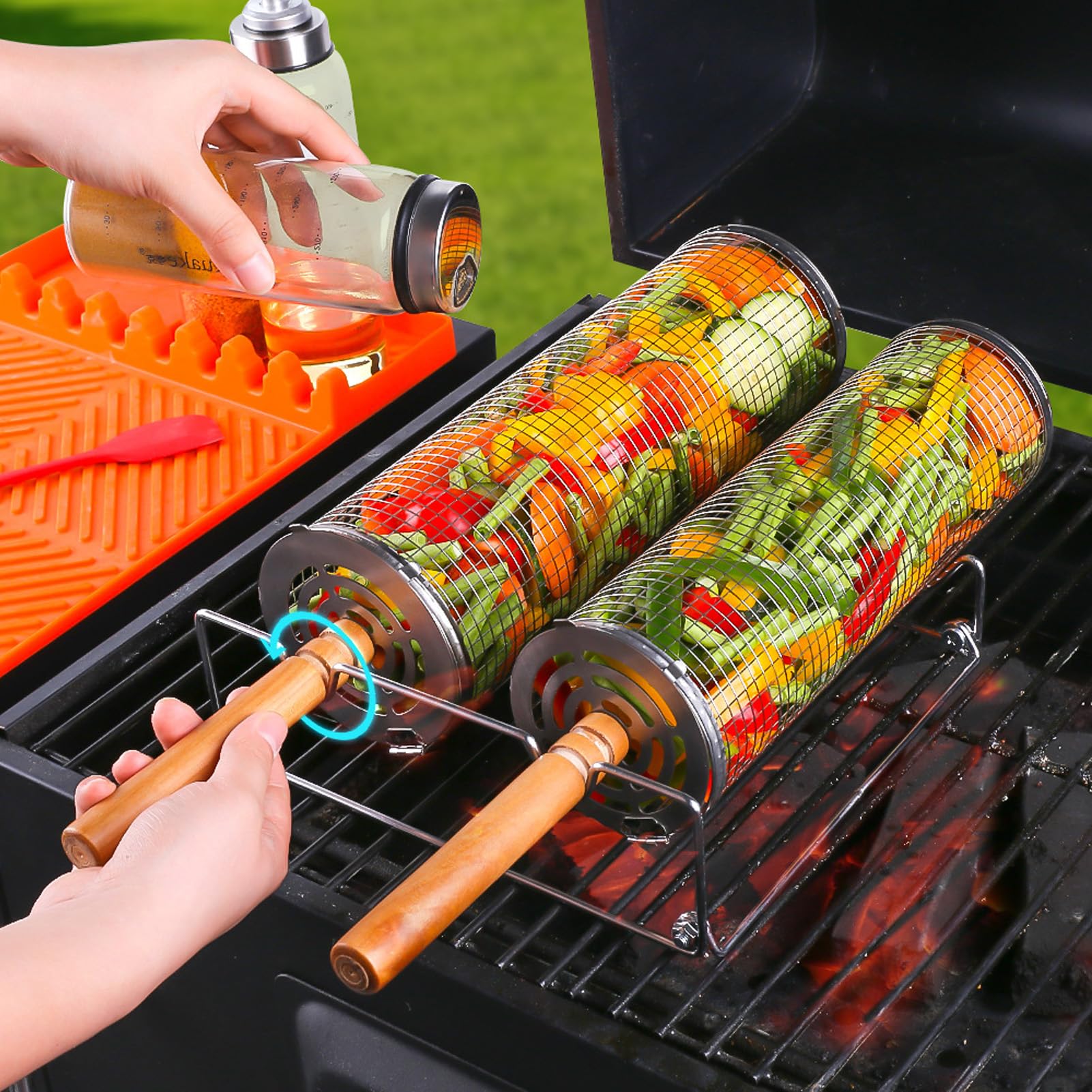 Rollbarer Grillkorb, 304 Edelstahl, abnehmbarer Griff, geeignet für das Kochen von Gemüse und anderen Lebensmitteln im Freien
