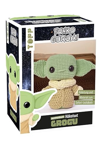 Funkogurumi Grogu. Das inoffizielle Häkelset: Anleitung, Garn in 3 Farben (63% Baumwolle, 37% Polyacryl), Füllwatte, Häkelnadel 2,5 mm, Sicherheitsaugen, Maschenmarkierer, Wollnadel