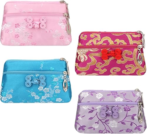kilofly - Juego de 4 bolsas de regalo de brocado de seda china con 2 cremalleras bolsa de regalo
