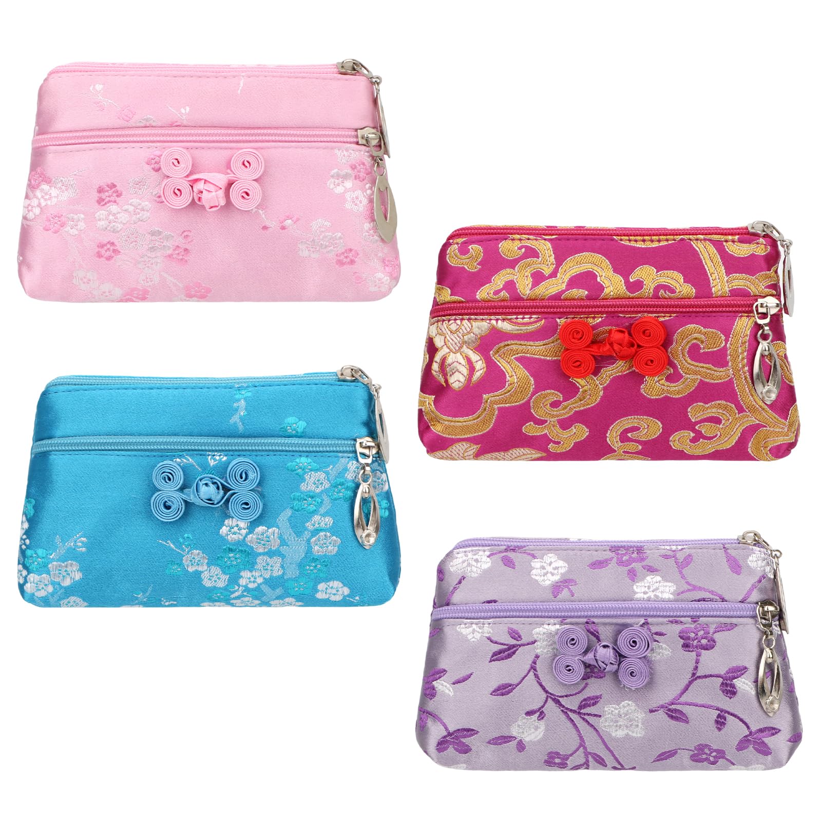 4pc Chinese Silk Brocade 2 Zipper Purse Jewelry Pouch Bag Value Set